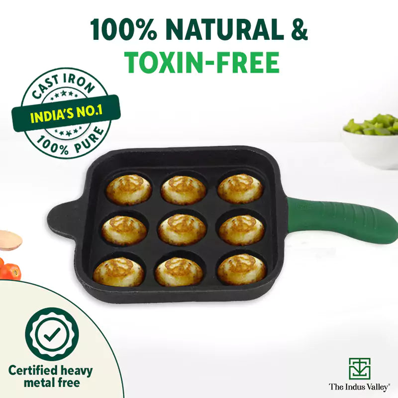The Indus Valley 9 Pit/Cup CASTrong Cast Iron Paniyaram/Appe Pan+ Cool Silicone Grip, Pre-seasoned, Nonstick, 100% Pure, Toxin-free, 18cm, 2.4 kg - view 5