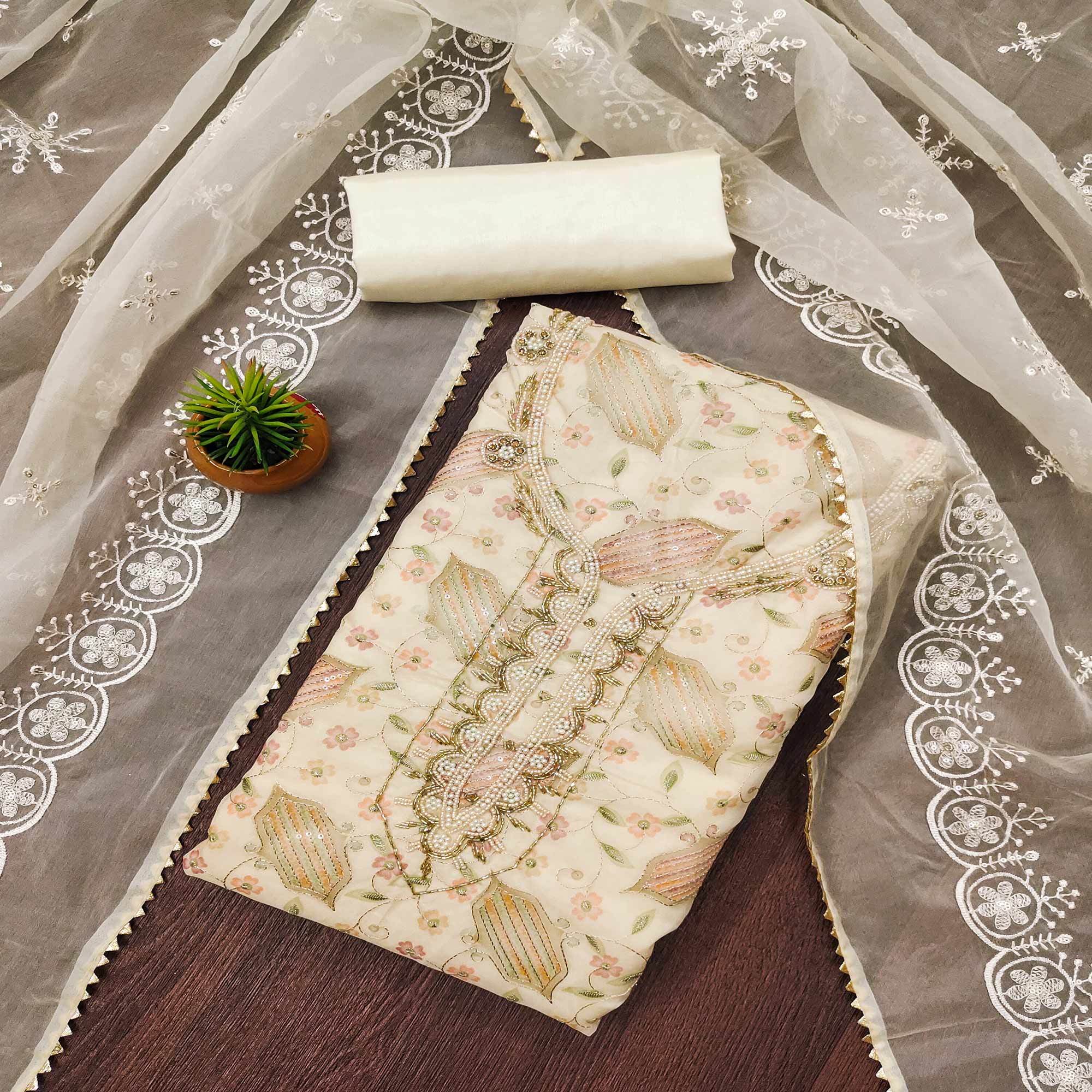 Peachmode Cream Floral Embroidered With Handwork Organza Dress Material