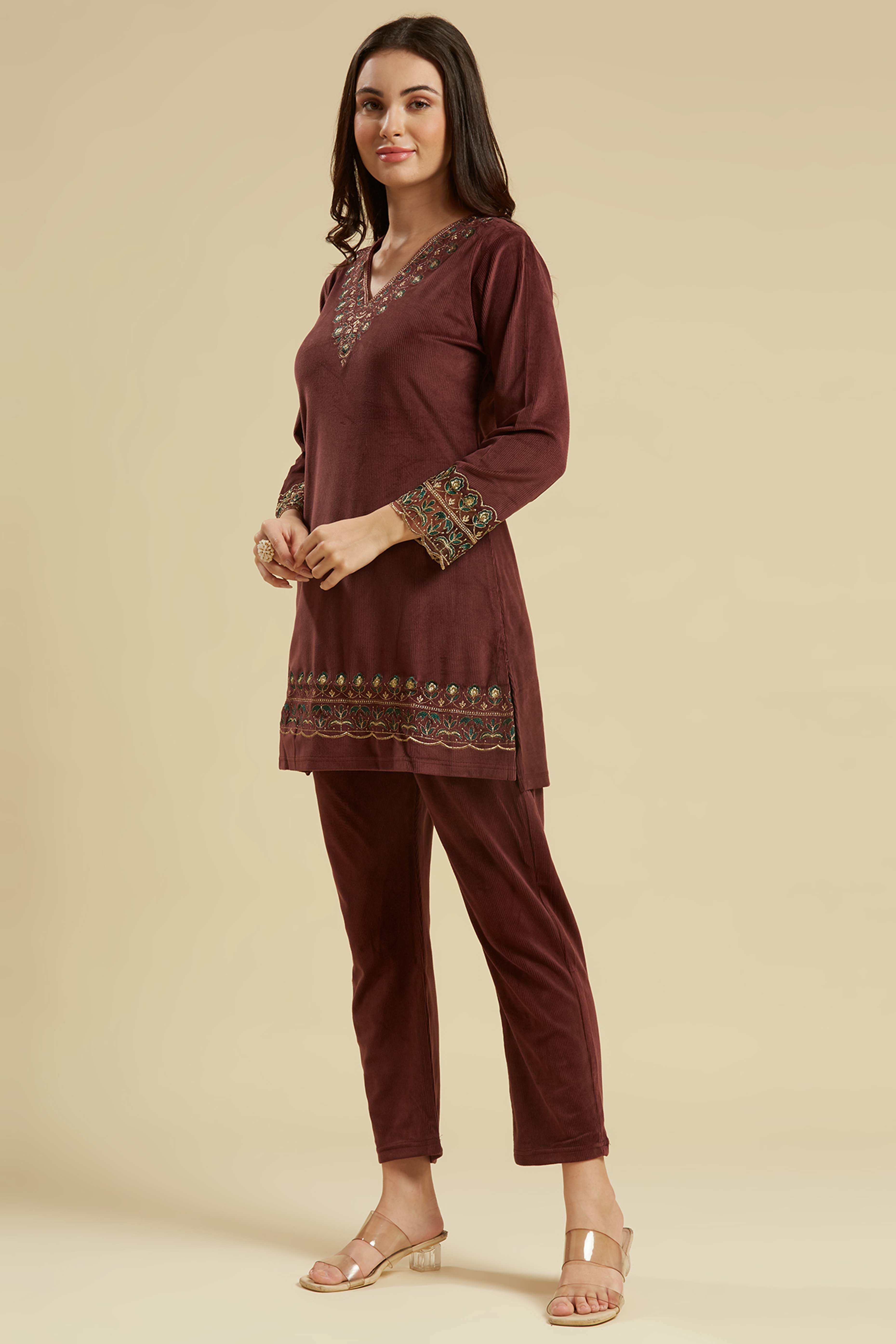 Peachmode Brown Embroidered Velvet A-Line Top Bottom Set - view 5