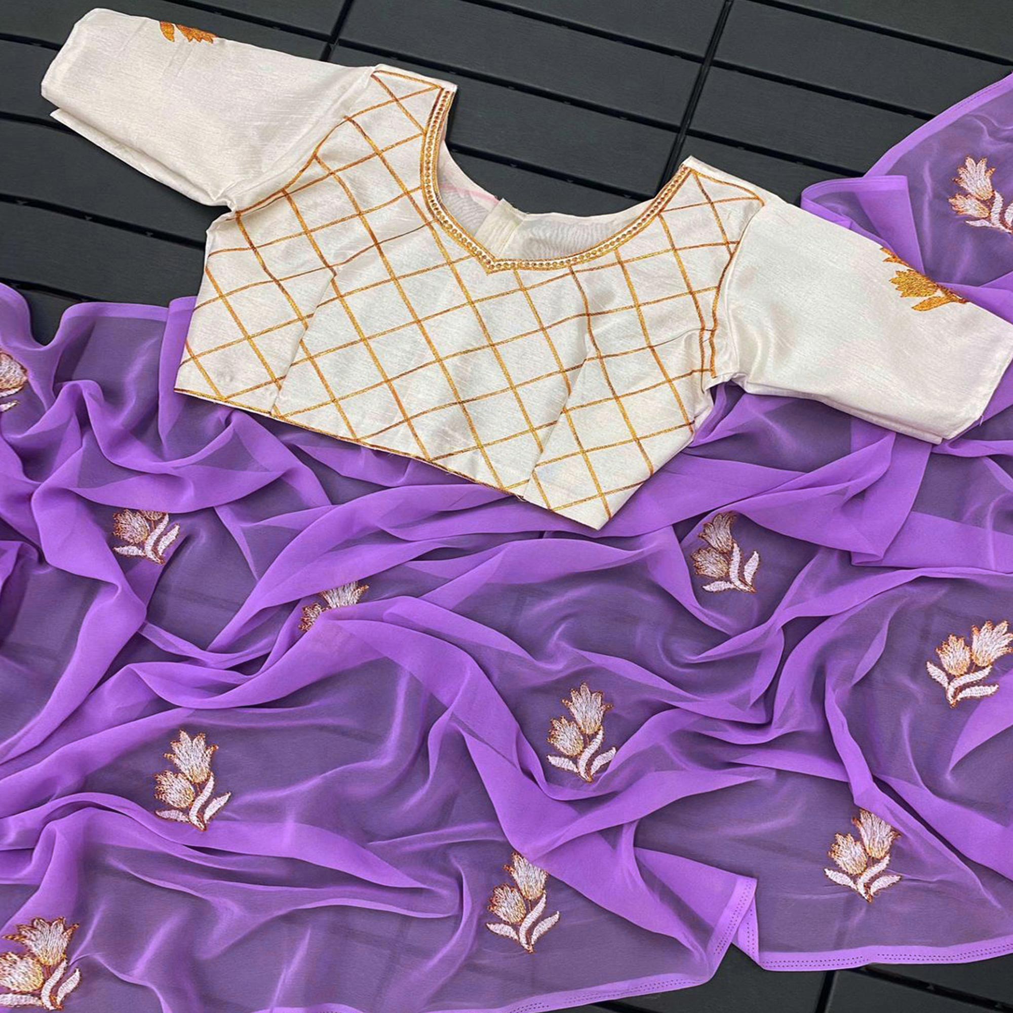 Peachmode Lavender Floral Embroidered Georgette Saree
