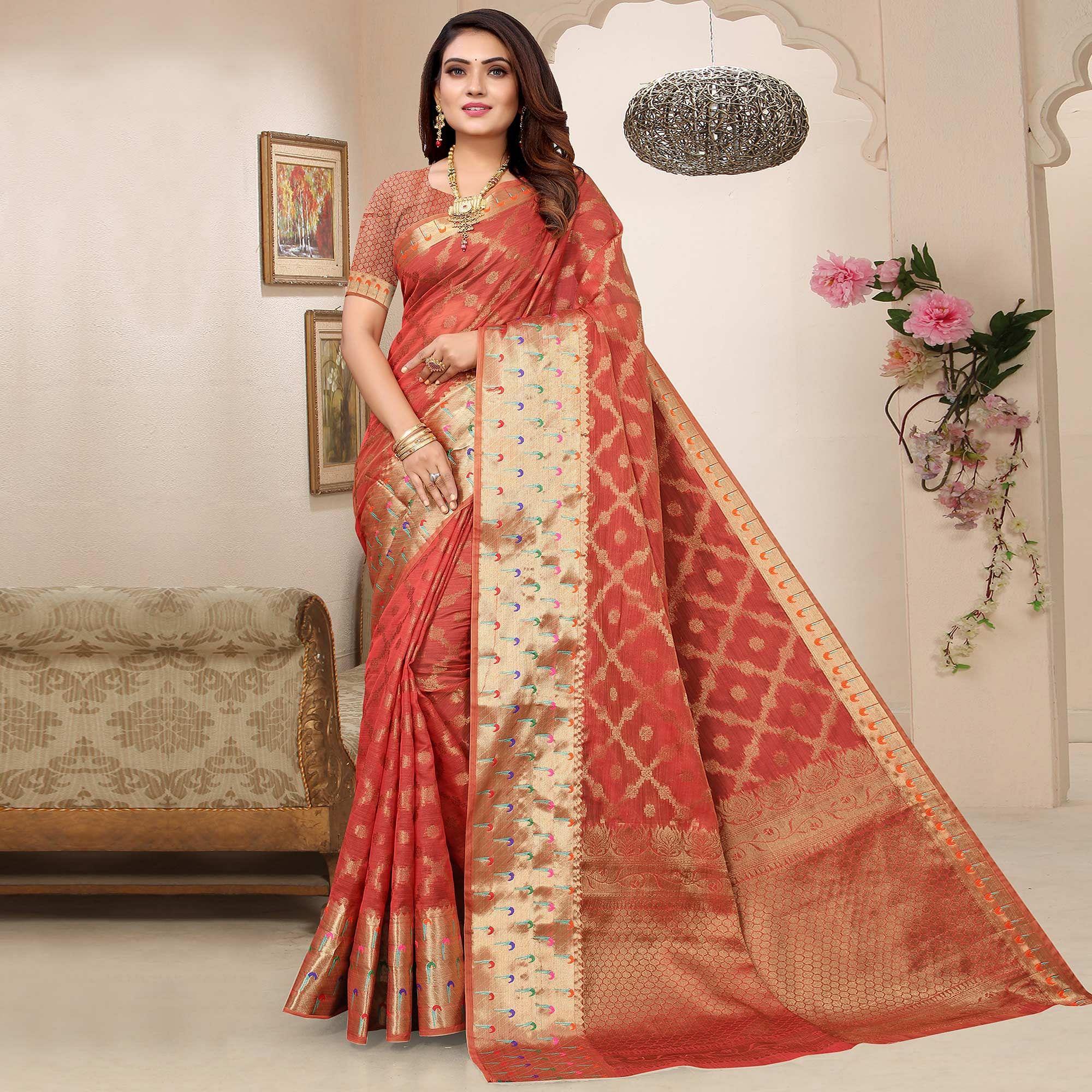 Peachmode Gajri Woven Organza Saree – Women's