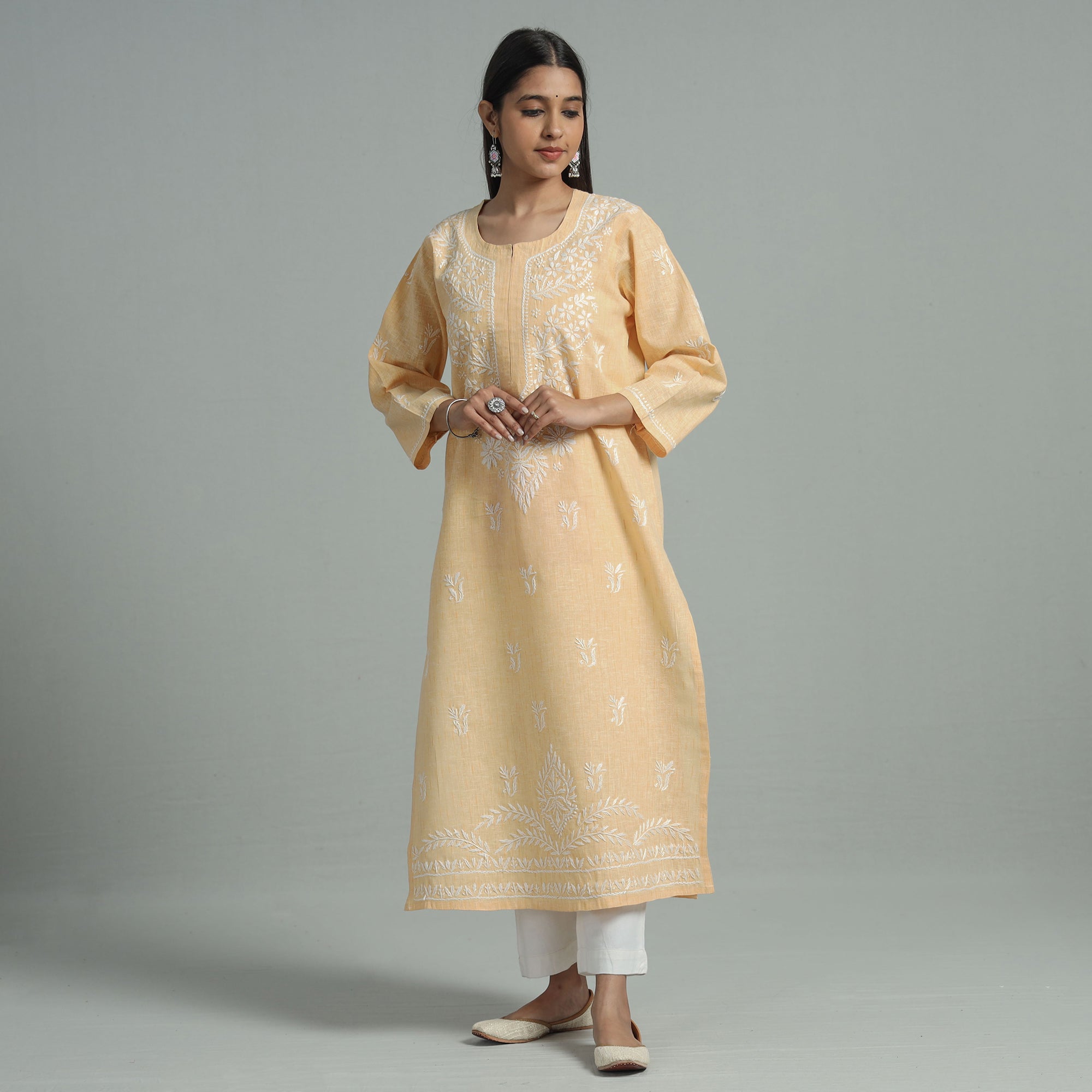 MEHARKI CHIKAN Beige Chikankari Hand Embroidered Cotton Long Kurta - view 2