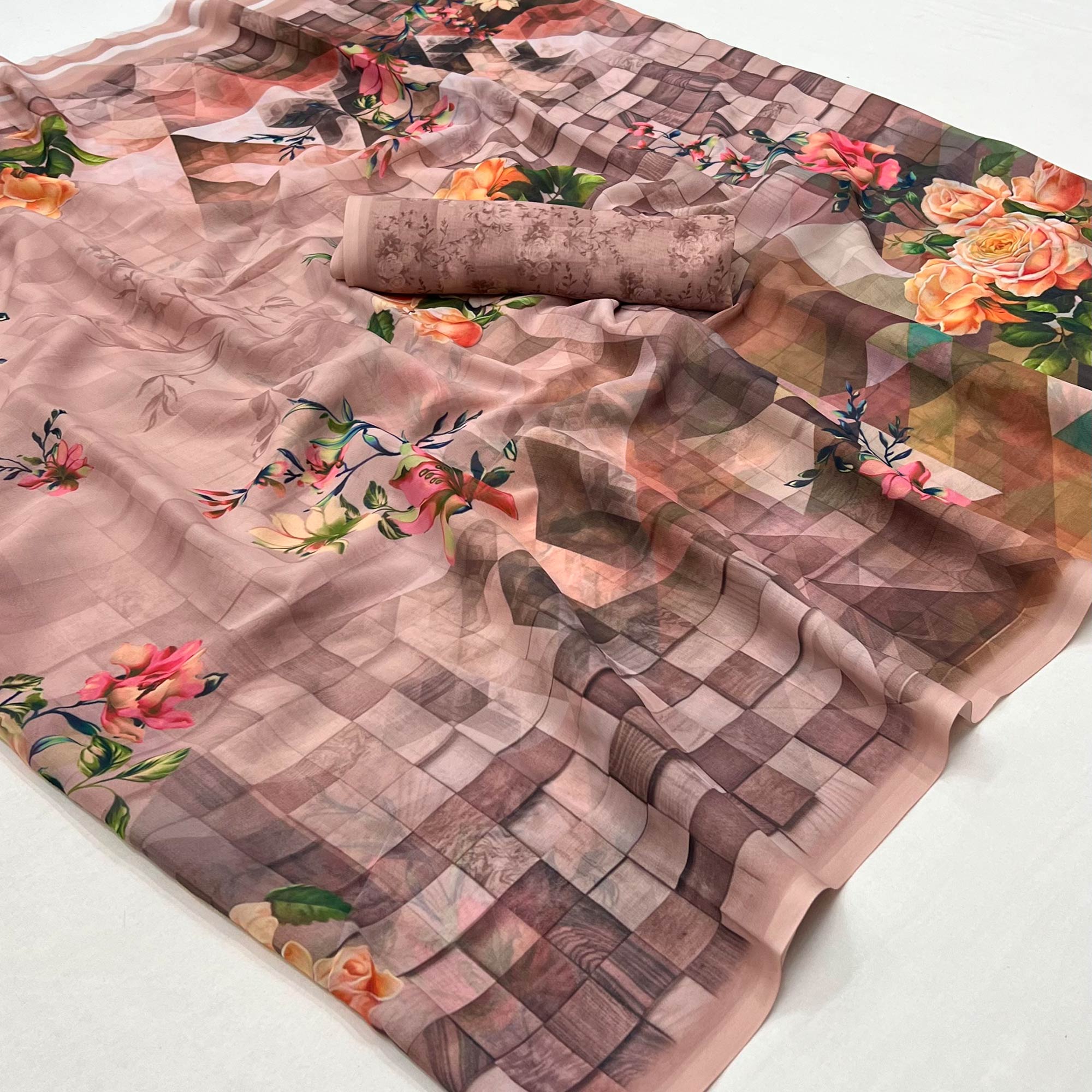 Peachmode Chikoo Digital Printed Georgette Saree