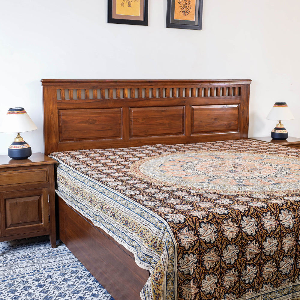 PITCHUKA SRINIVAS KALAMKARI PEDANA Black - Pedana Kalamkari Block Printed Natural Dyed Cotton Double Bedcover (110 x 90 in)