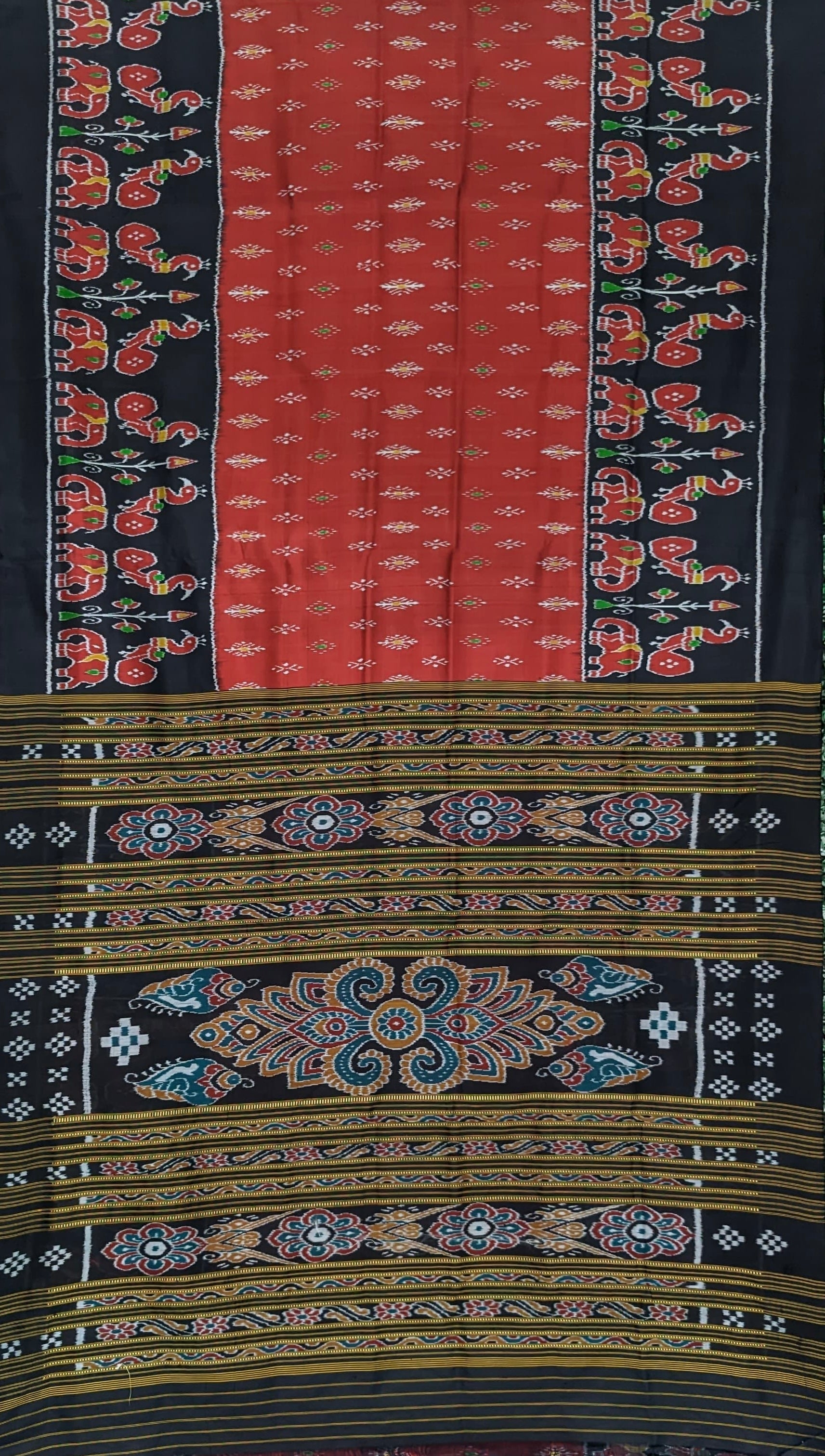 IndianVillèz Red Black Elephant Theme Odisha Ikat Khandua Silk Saree