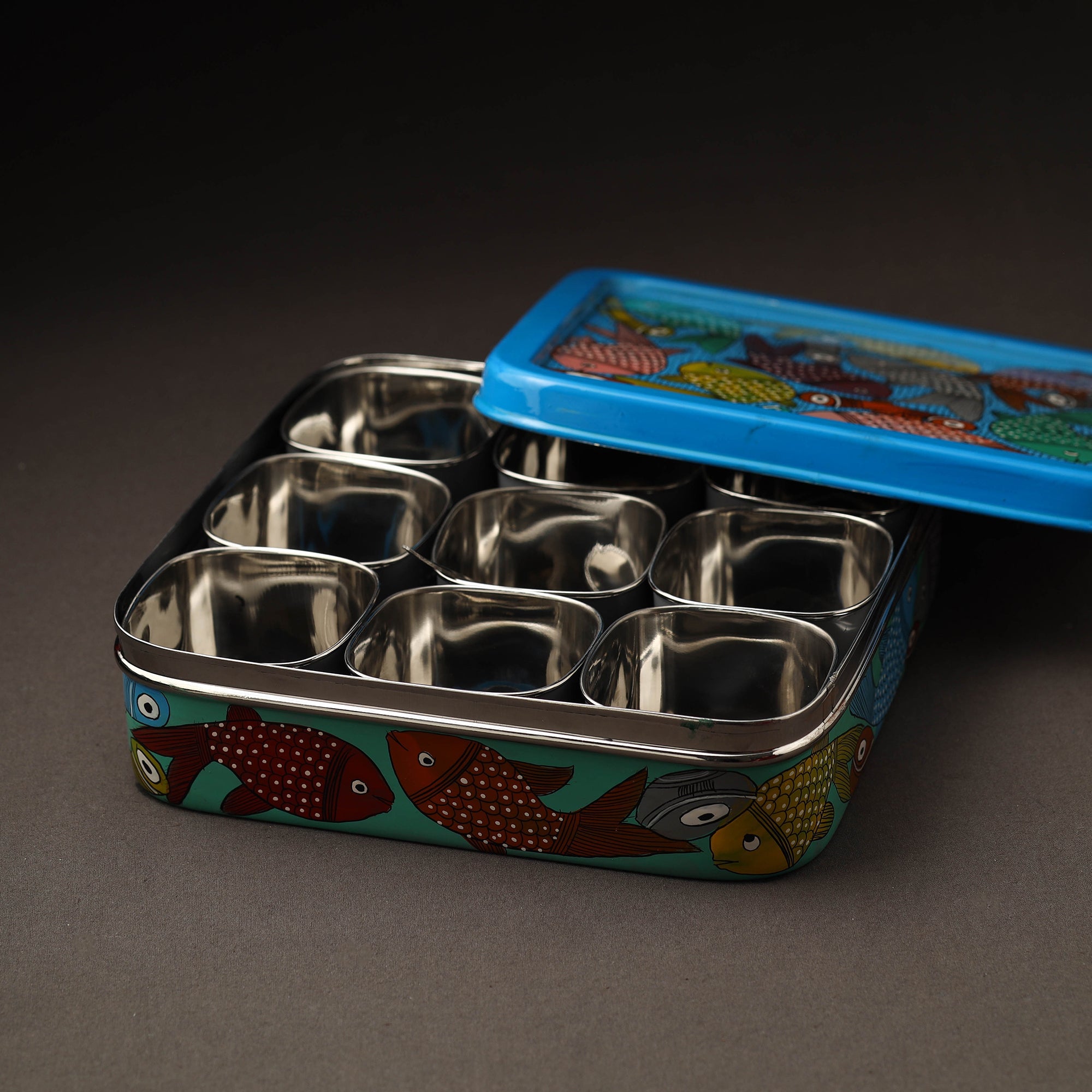 AAYAAS Blue - Bengal Patua Handpainted Stainless Steel Square Masala Box (9 x 9 in) - view 2