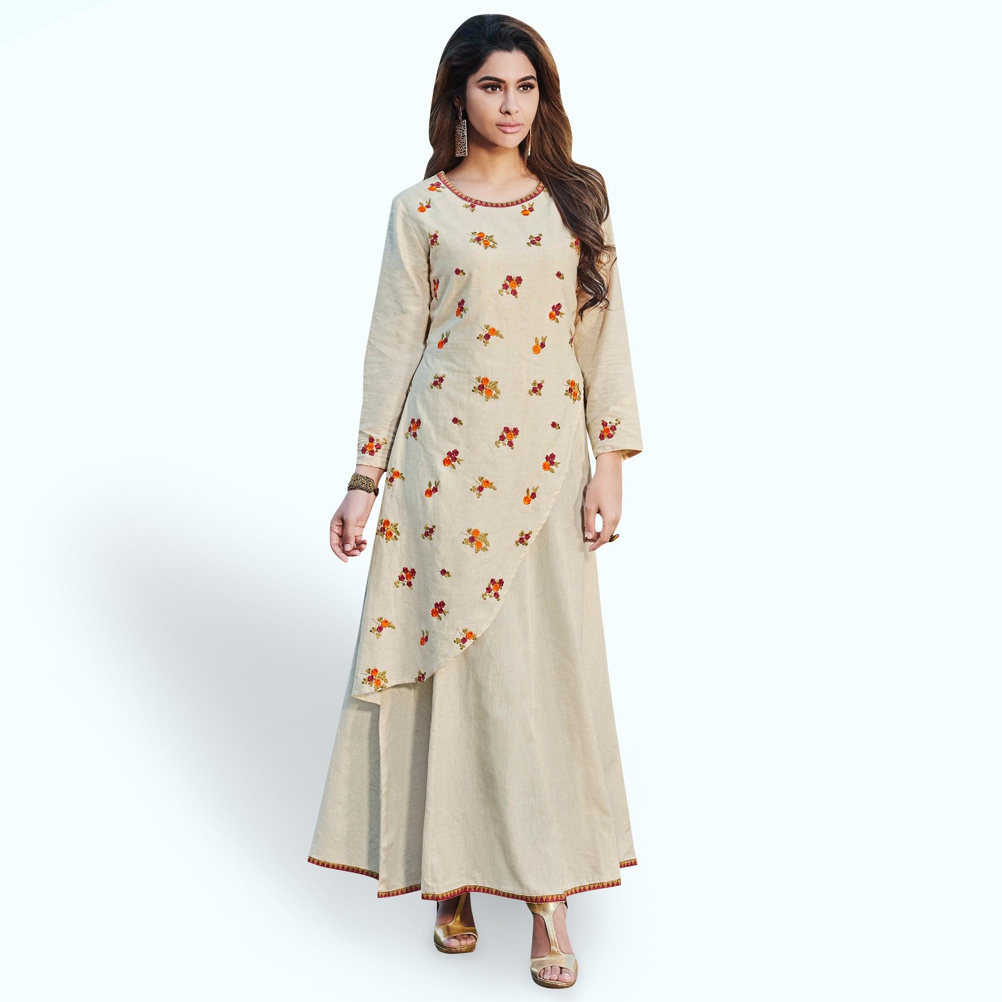 Peachmode Seller Hypnotic Off White Colored Partywear Embroidered Rayon Kurti