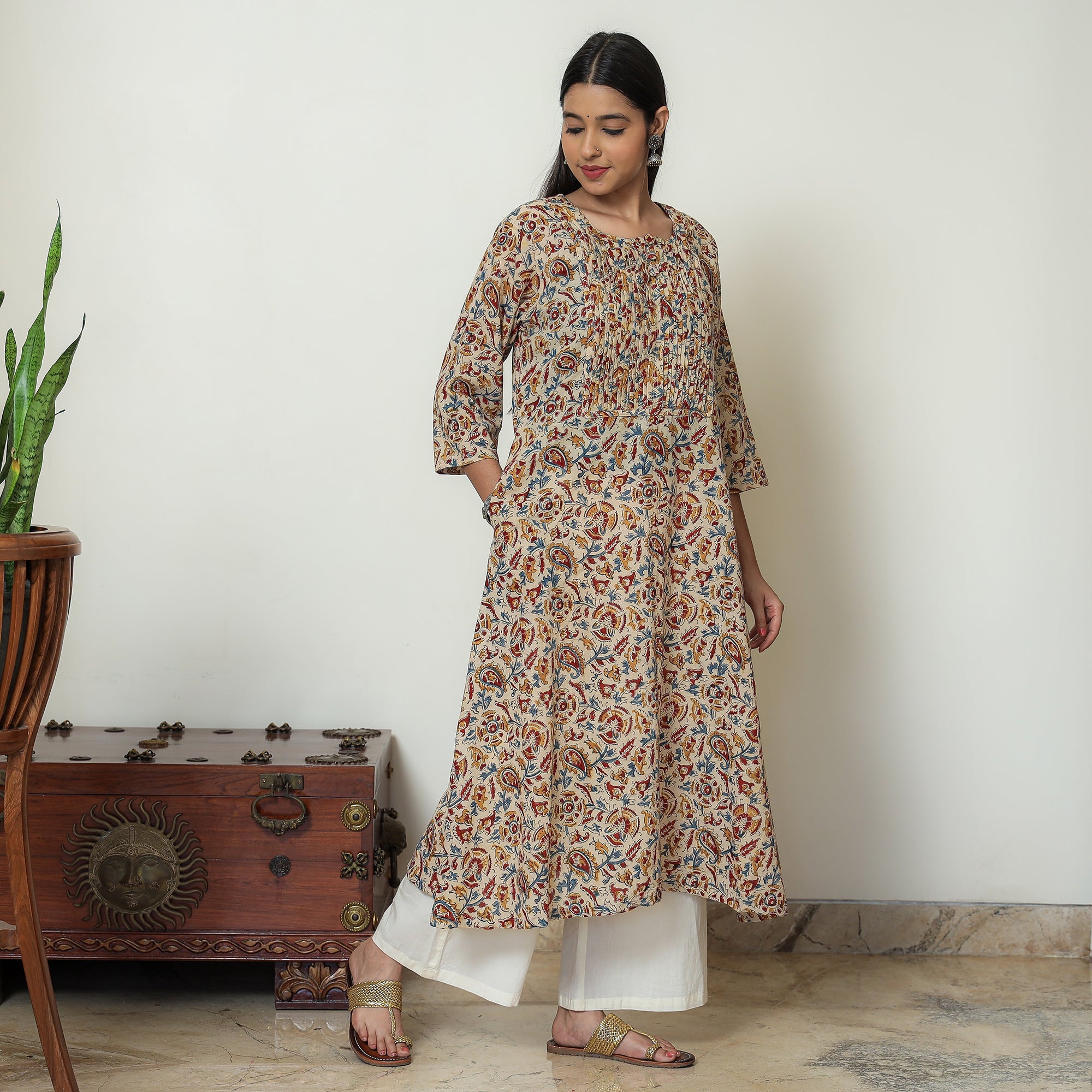 ITOKRI CASUALS Beige - Kalamkari Hand Block Printed Mul Cotton Pintuck A-Line Kurta 01 - view 2