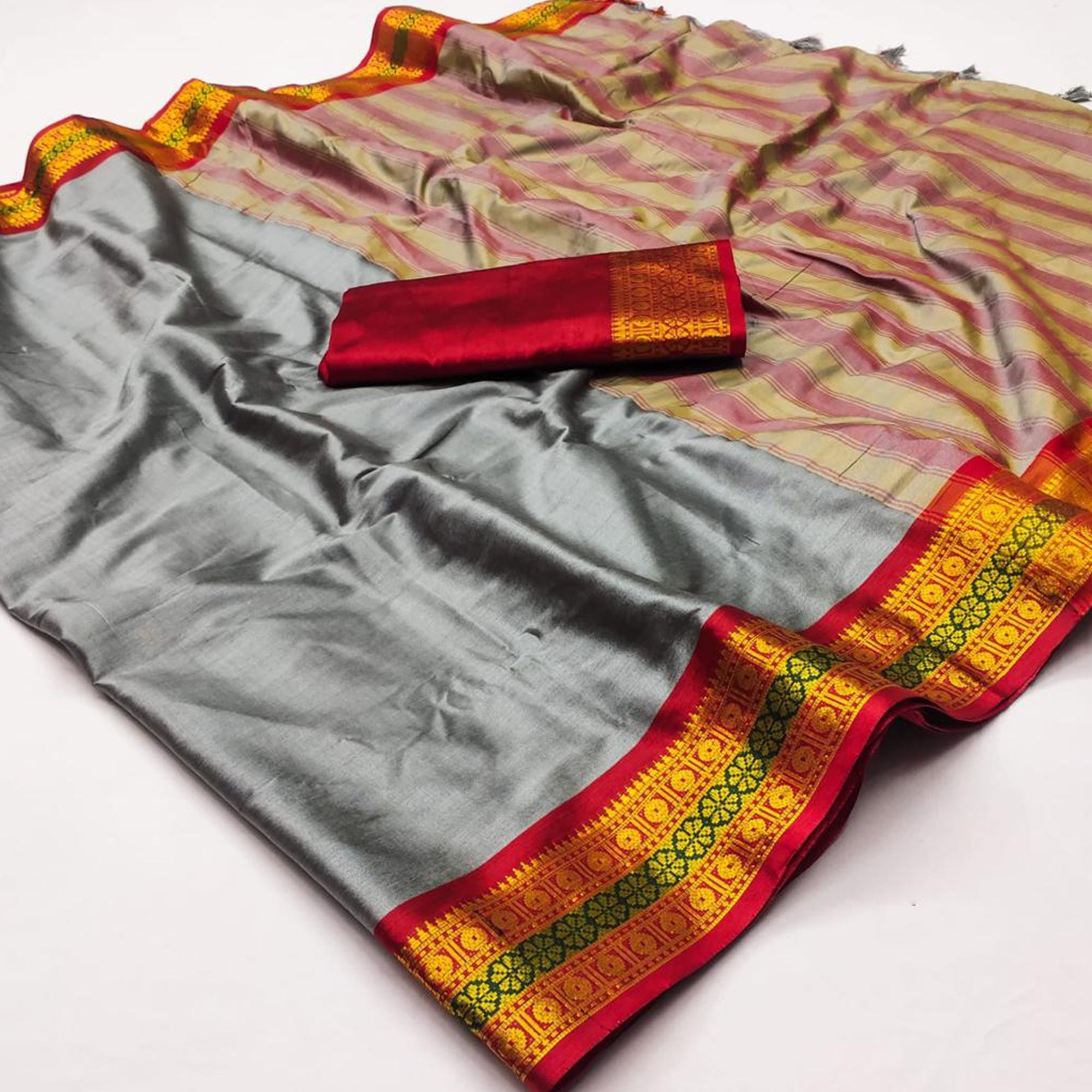 Peachmode Grey Woven Cotton Silk Saree With Tassels