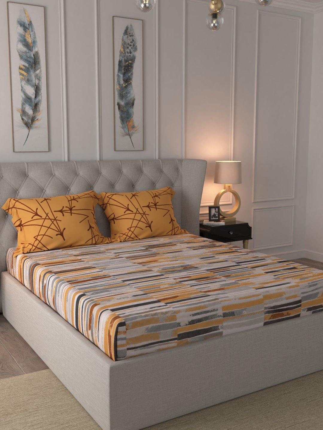 Urban Space -Home Furnishing Store Fitted King Size Cotton Bedsheet - Stripes Mustard - view 2