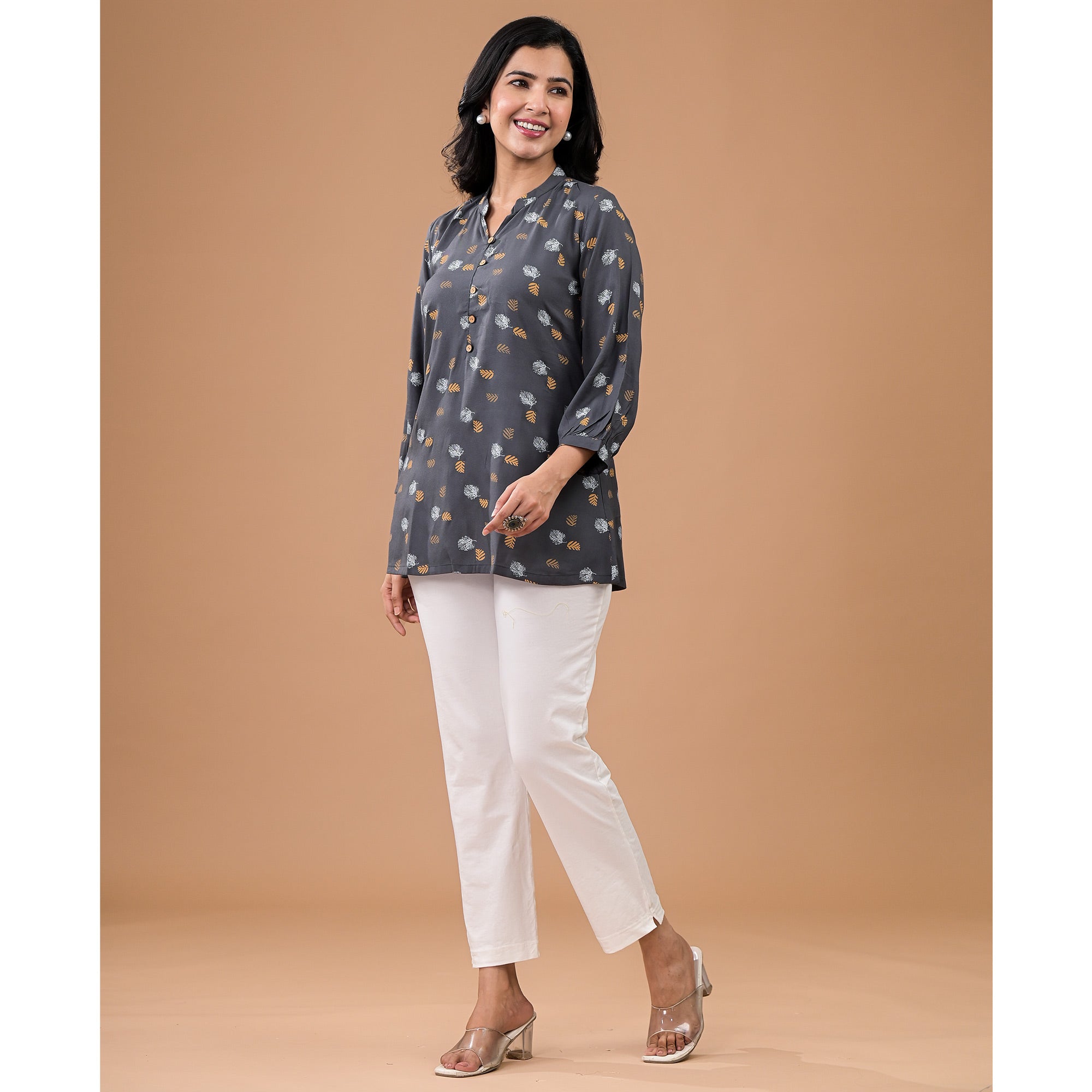 Peachmode Grey Printed Rayon Top - view 5