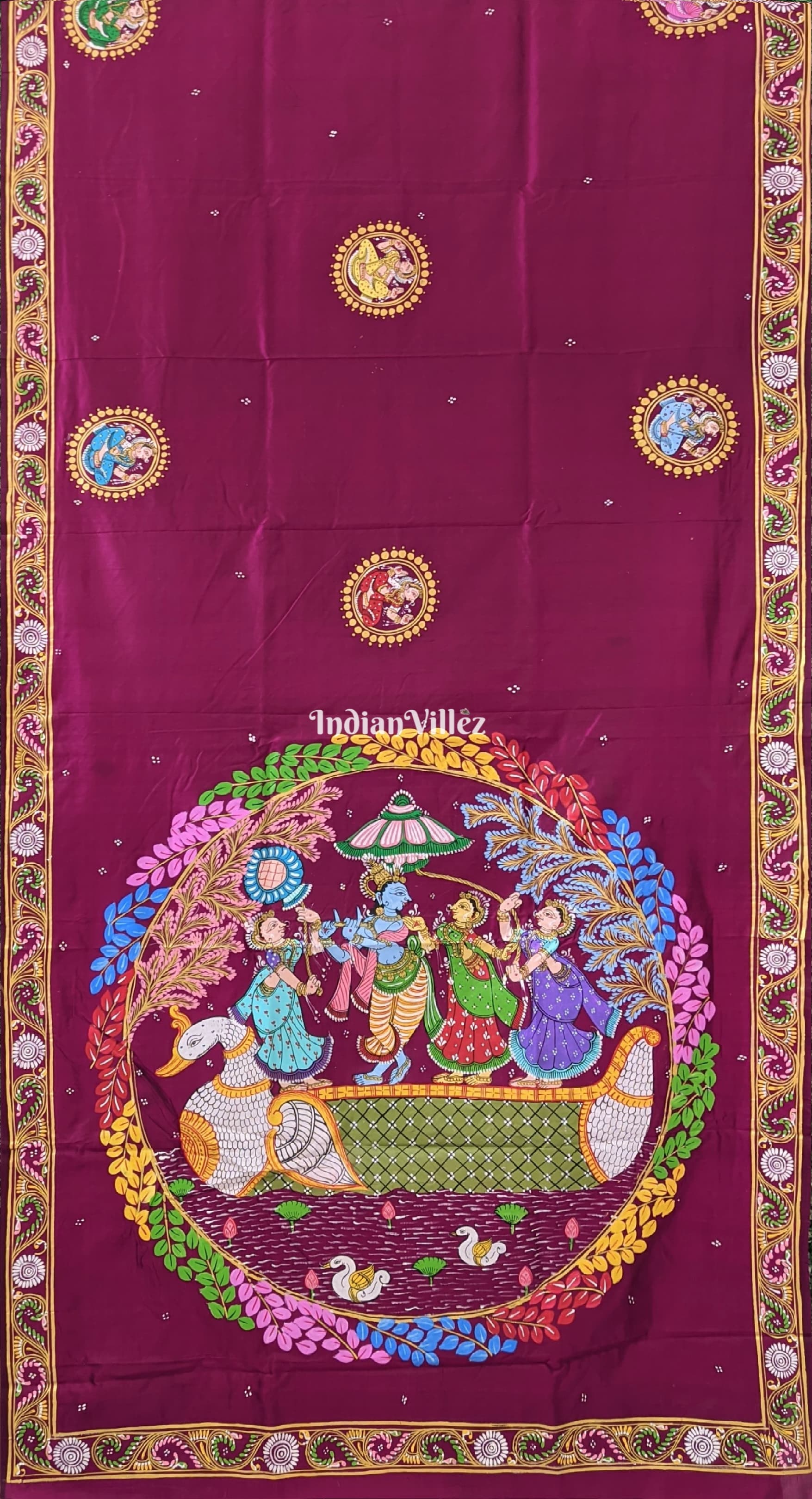 IndianVillèz Wine Radha Krishna Boita Hand-Painted Pattachitra Saree