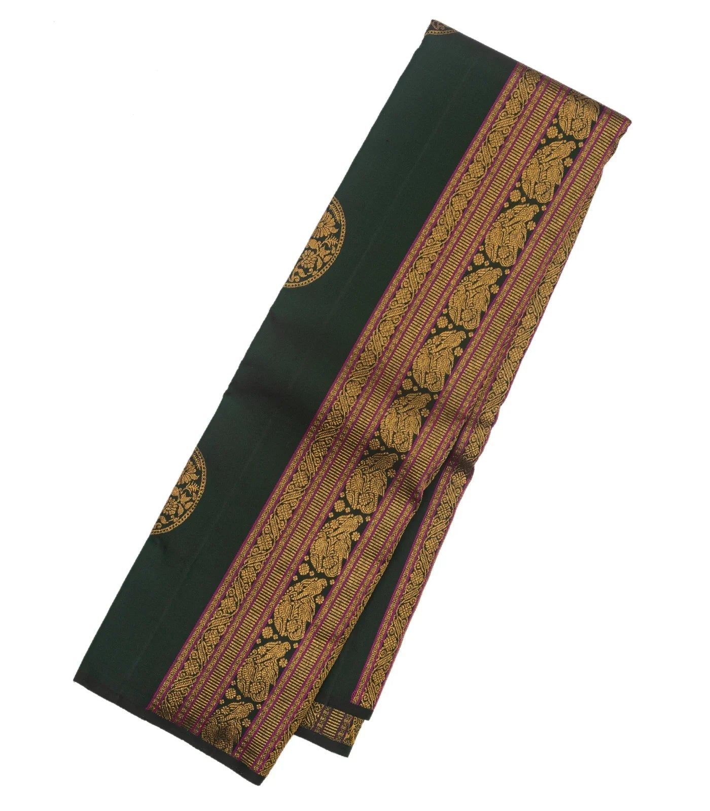 RmKV Bottle Green Handloom Kanchipuram Silk Saree With Stripes & Buttas