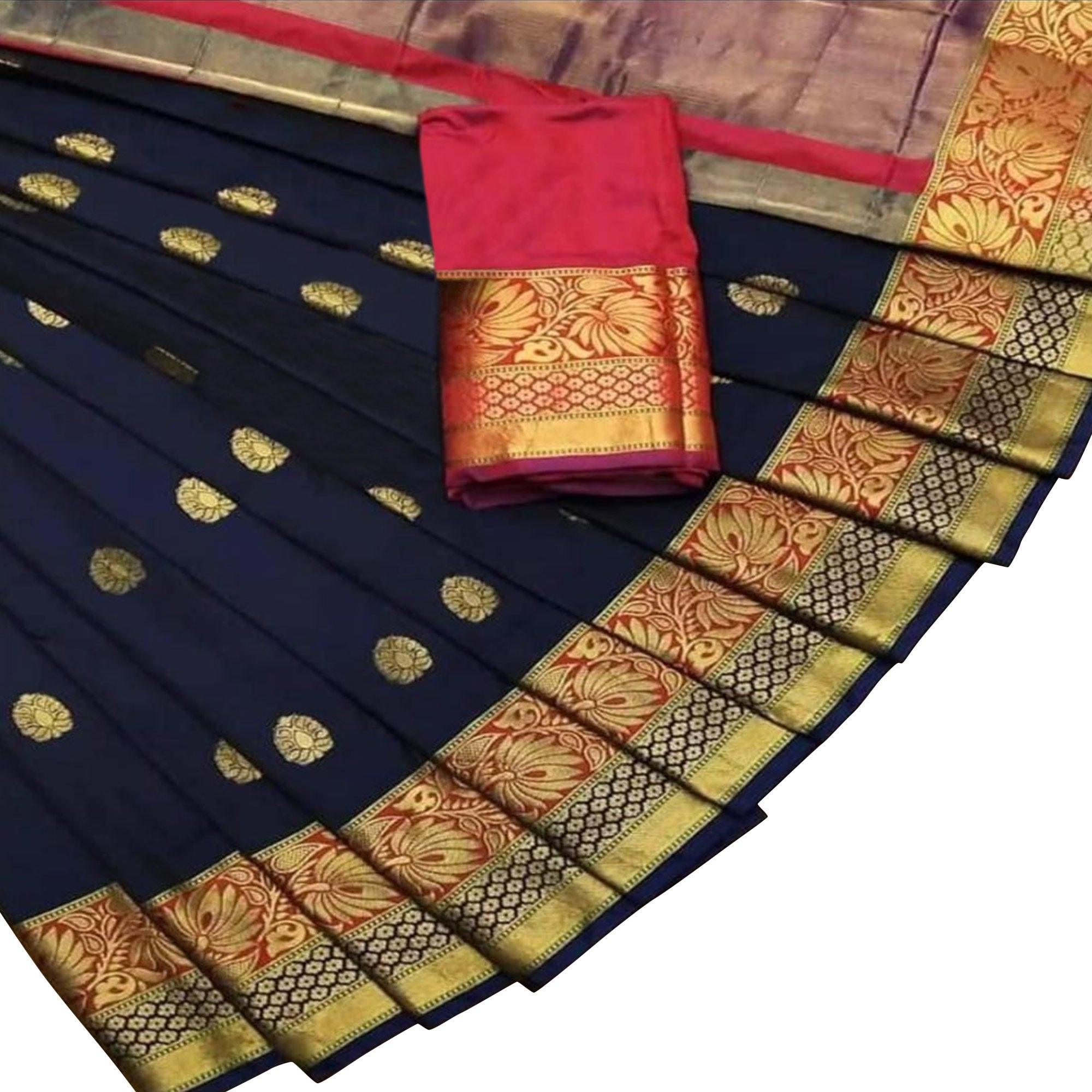 Peachmode Desirable Navy Blue Colored Festive Wear Woven Silk Saree