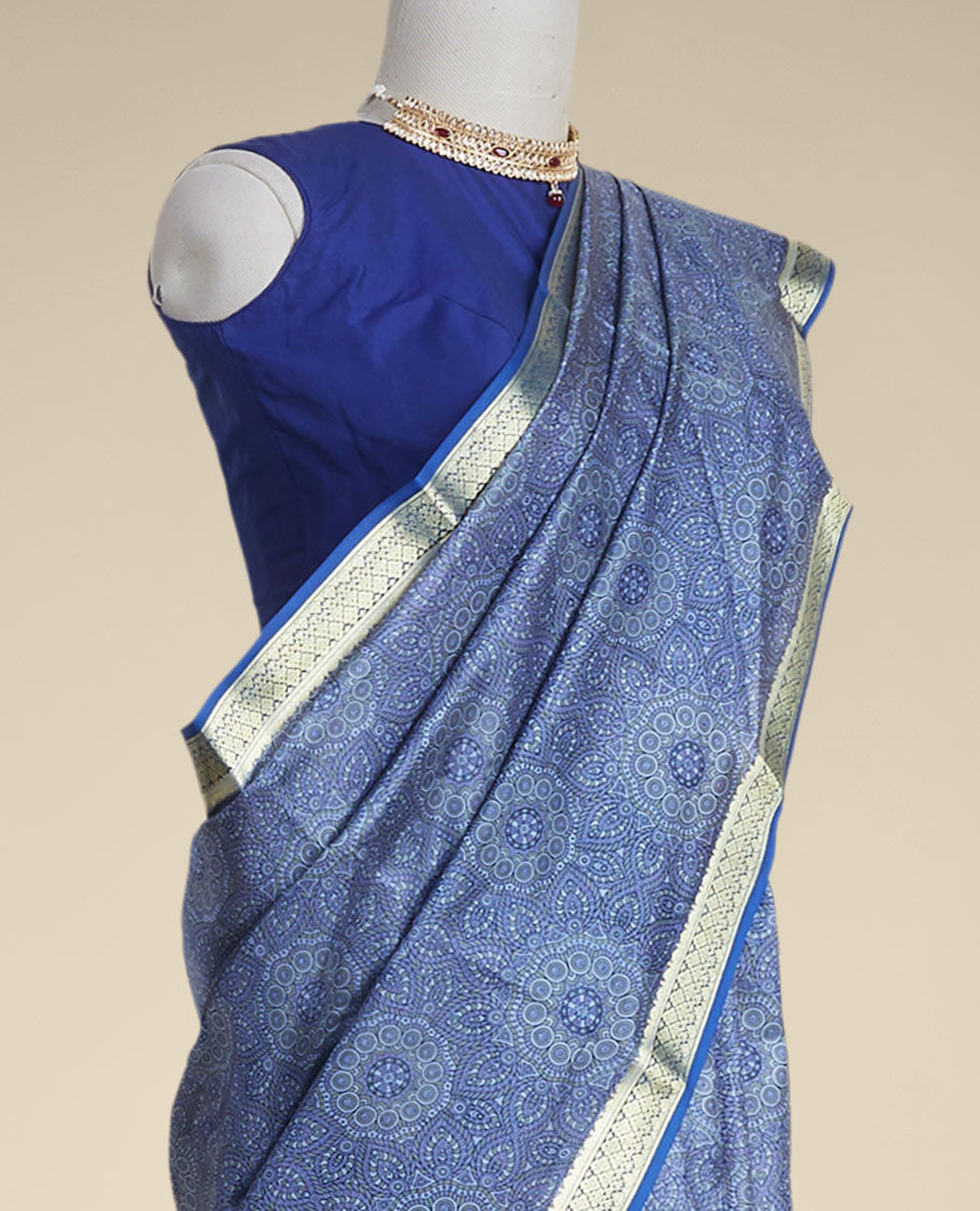 Pothys Blue floral kaleidoscopic design printed silk saree with contrast intricate zari border