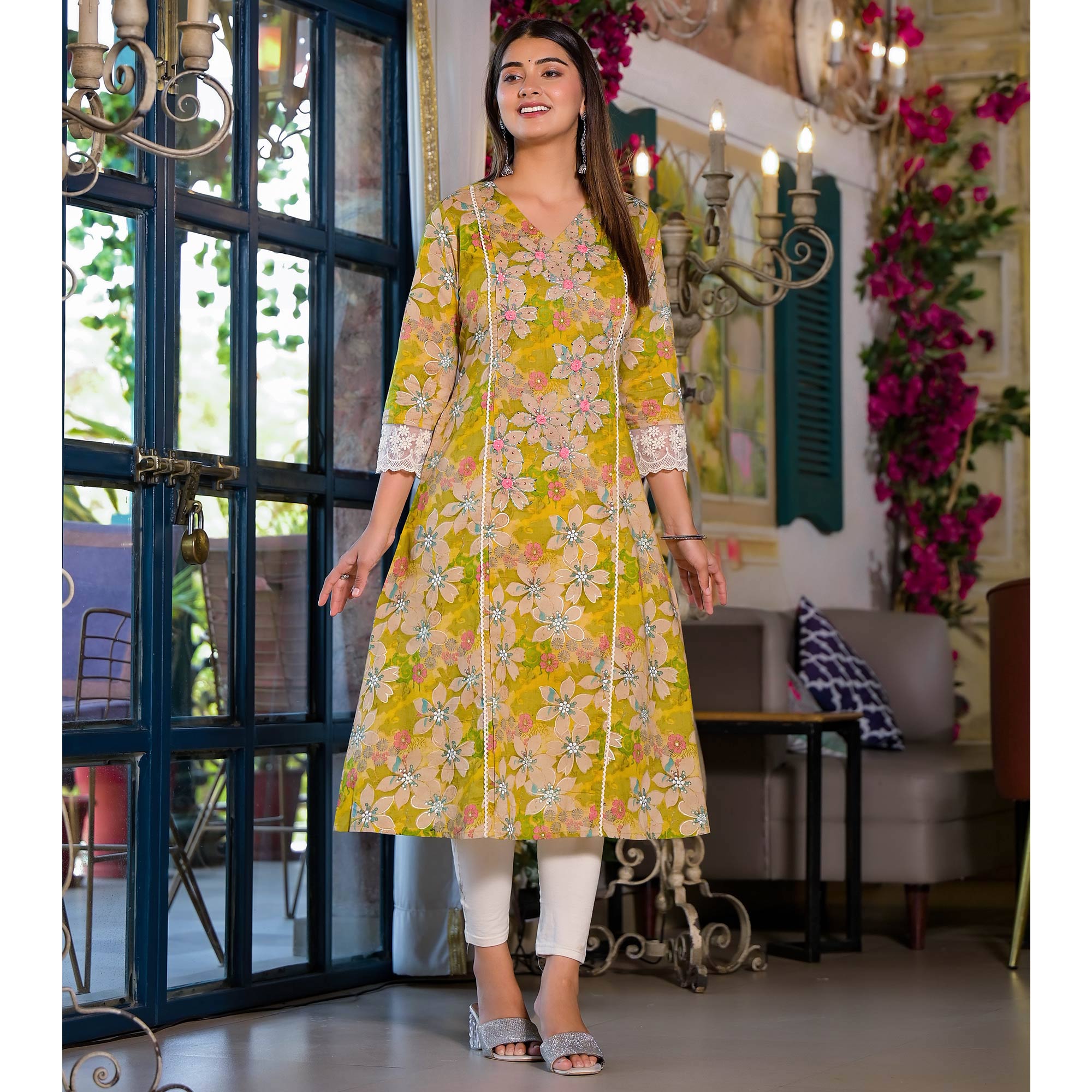 Peachmode Dark Lemon Green Floral Printed Giza Cotton Maxi Dress - view 4