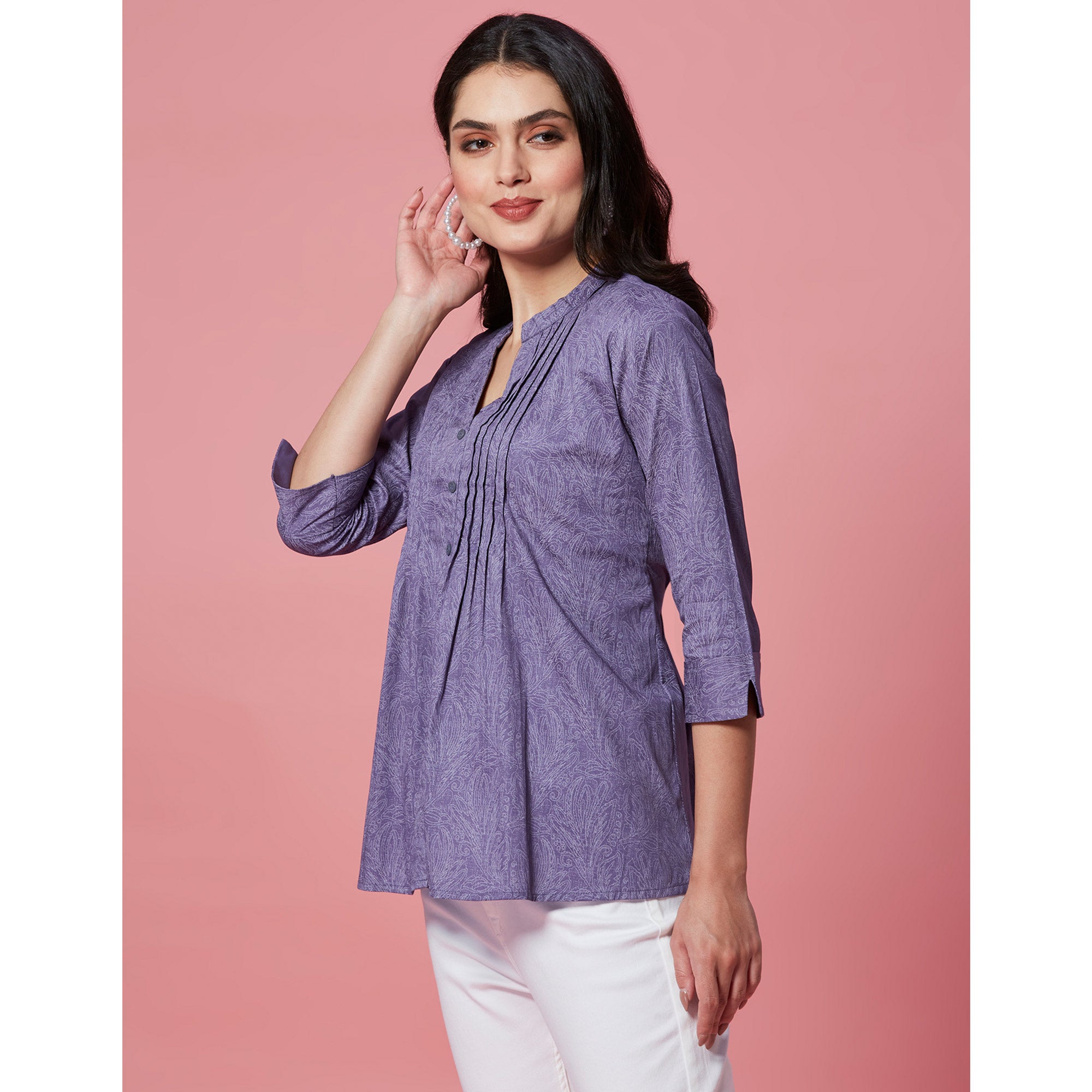 Peachmode Dark Purple Printed Pure Cotton A-Line Top - view 4