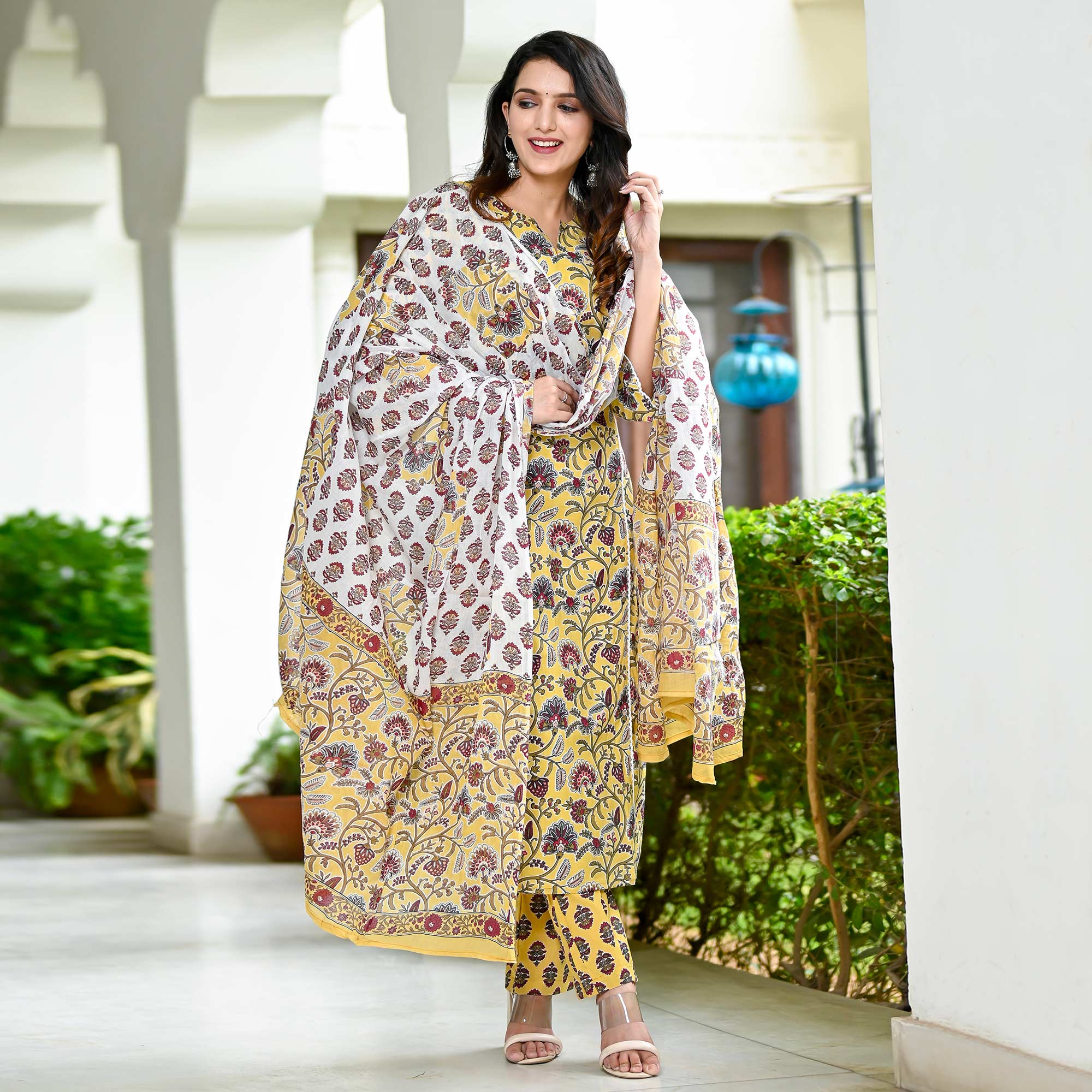 Peachmode Light Yellow Floral Printed Pure Cotton Salwar Suit - view 2