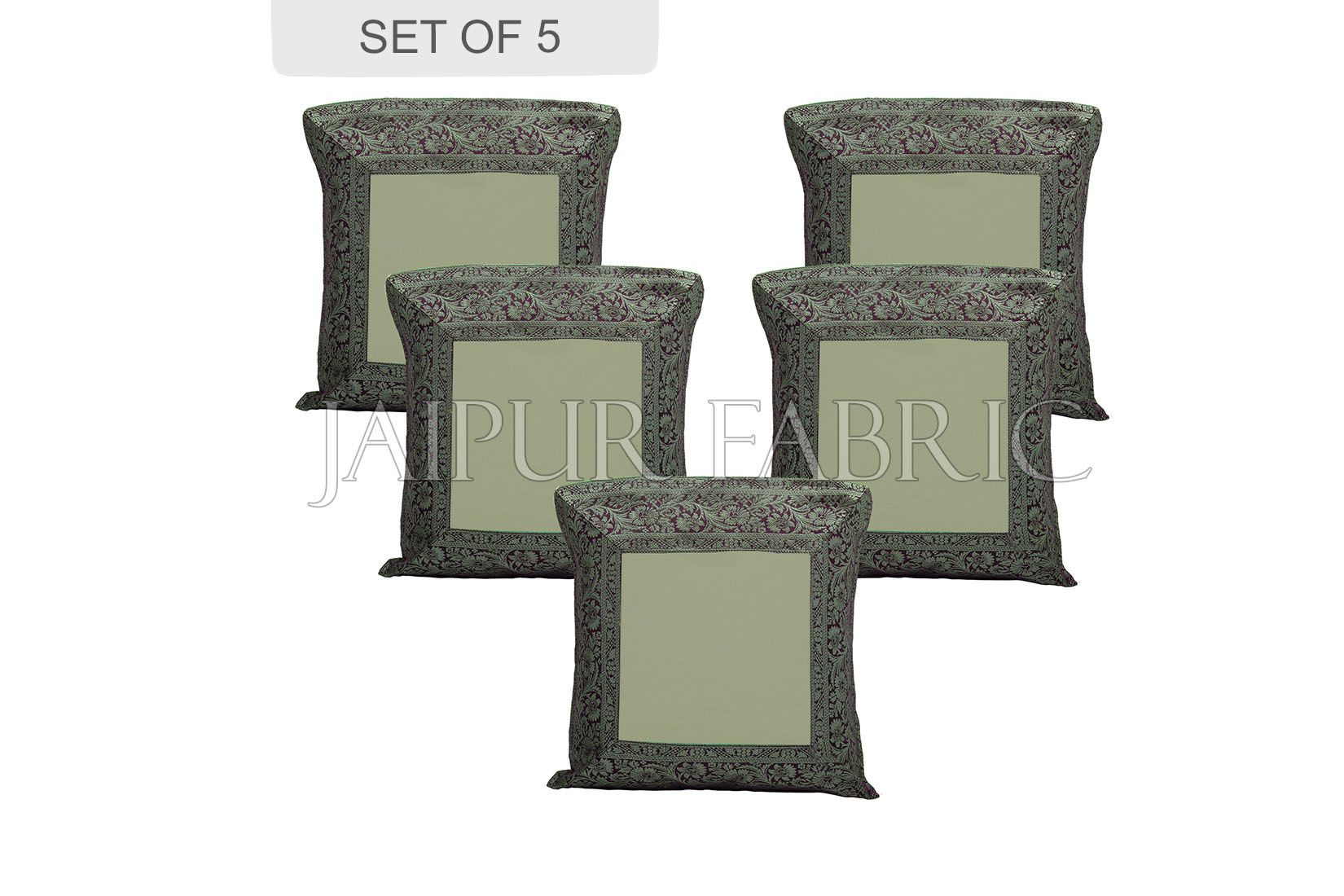 JaipurFabric® Green Base with Black Gota Work Border Cotton Satin Silk Cushion Cover