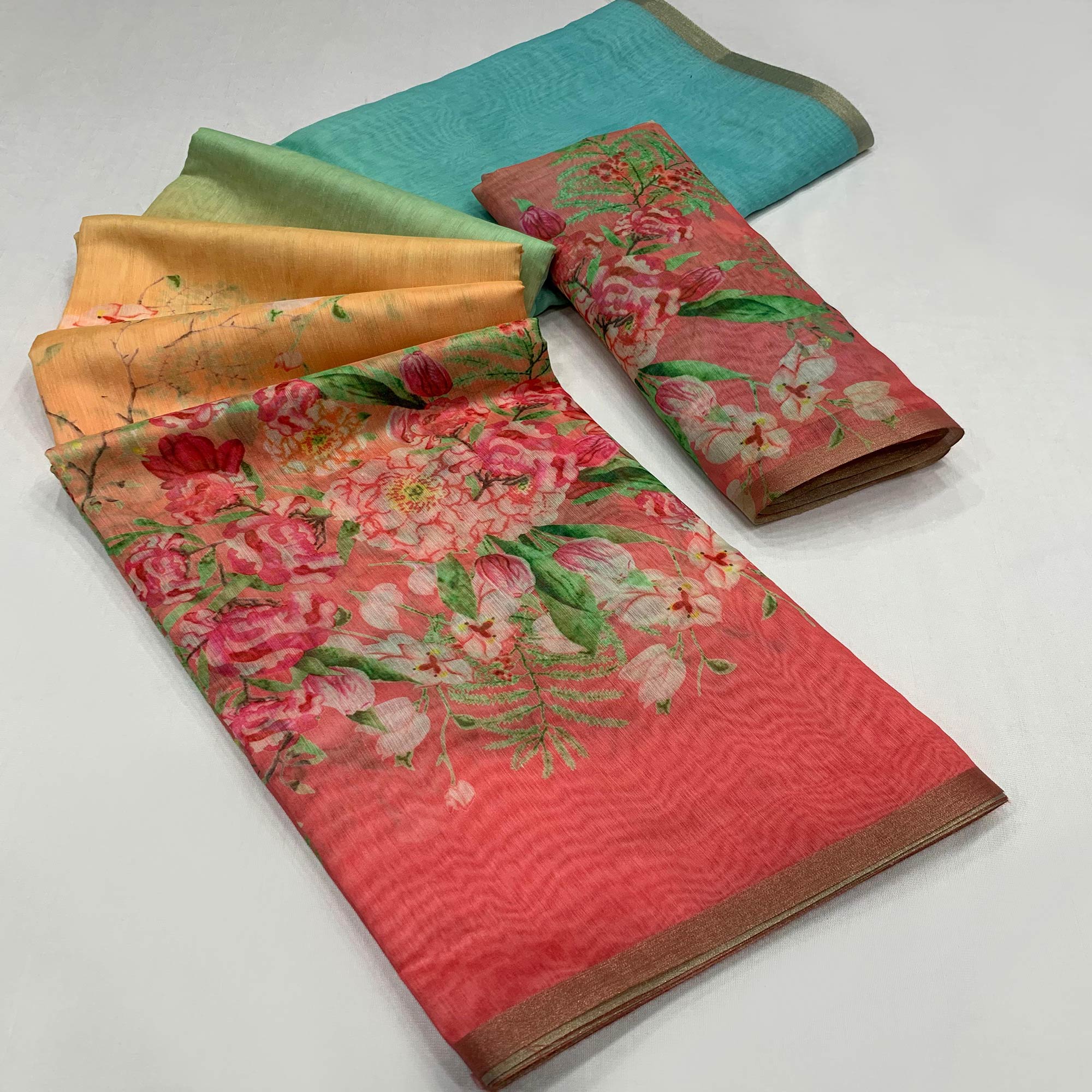 Peachmode Multicolor Floral Printed Cotton Silk Saree