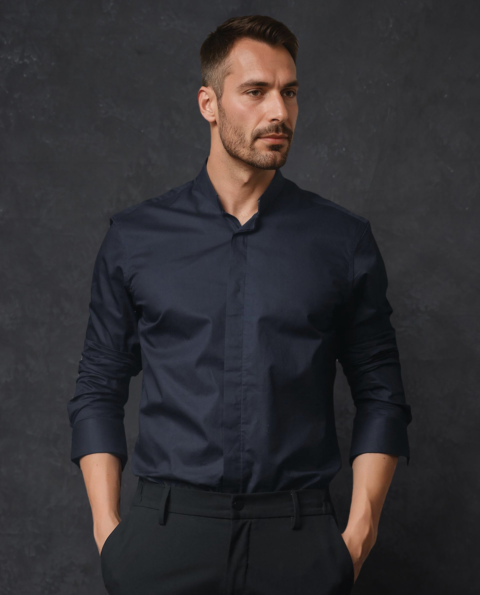 Rare Rabbit Men's Radon Navy Cotton Fabric Mandarin Collar Full Sleeves Solid Shirt - view 6