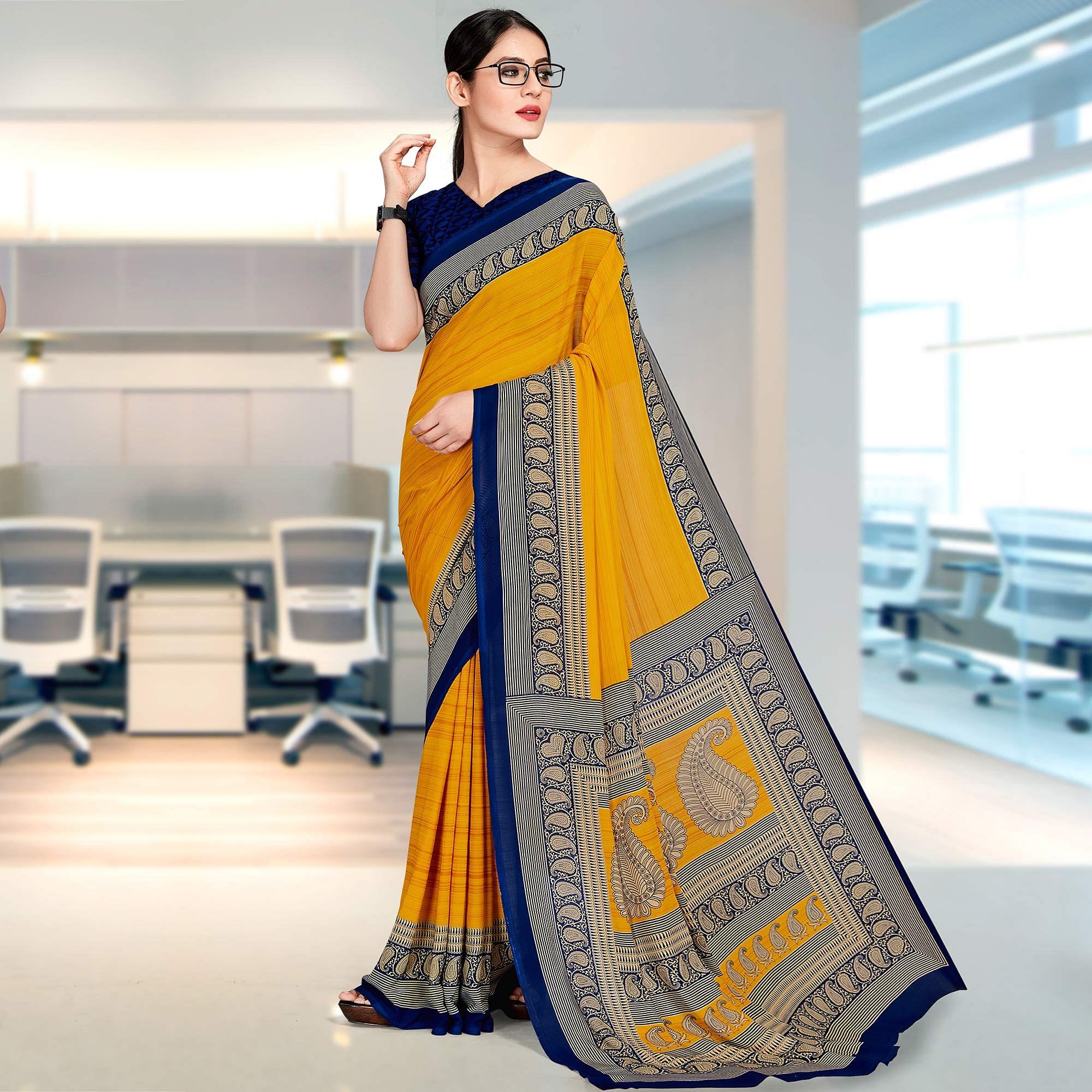 Peachmode Dazzling Mustard Coloured Casual Wear Printed Georgette Saree