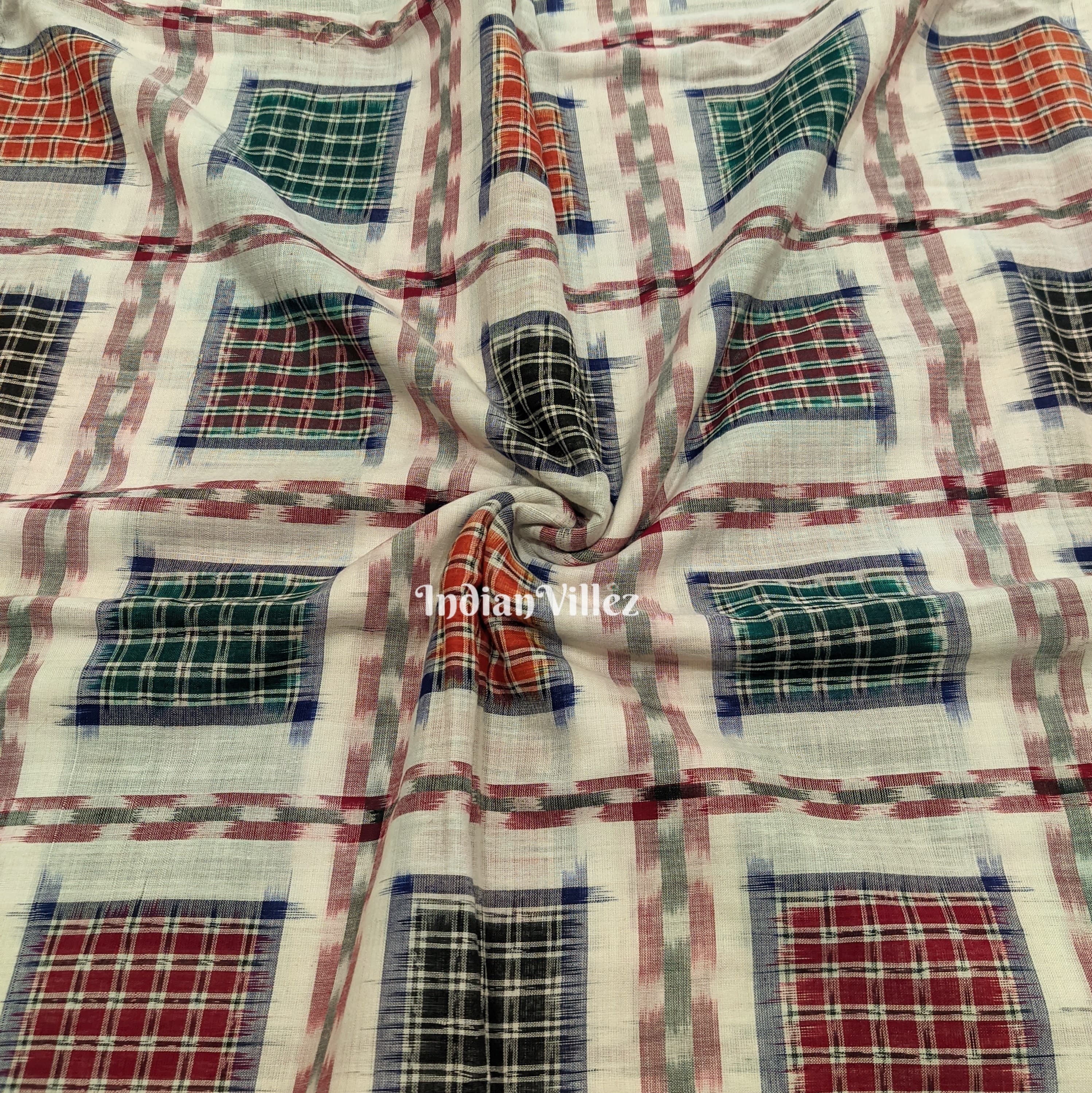 IndianVillèz White Ashwin Theme Sambalpuri Ikat Cotton Fabric