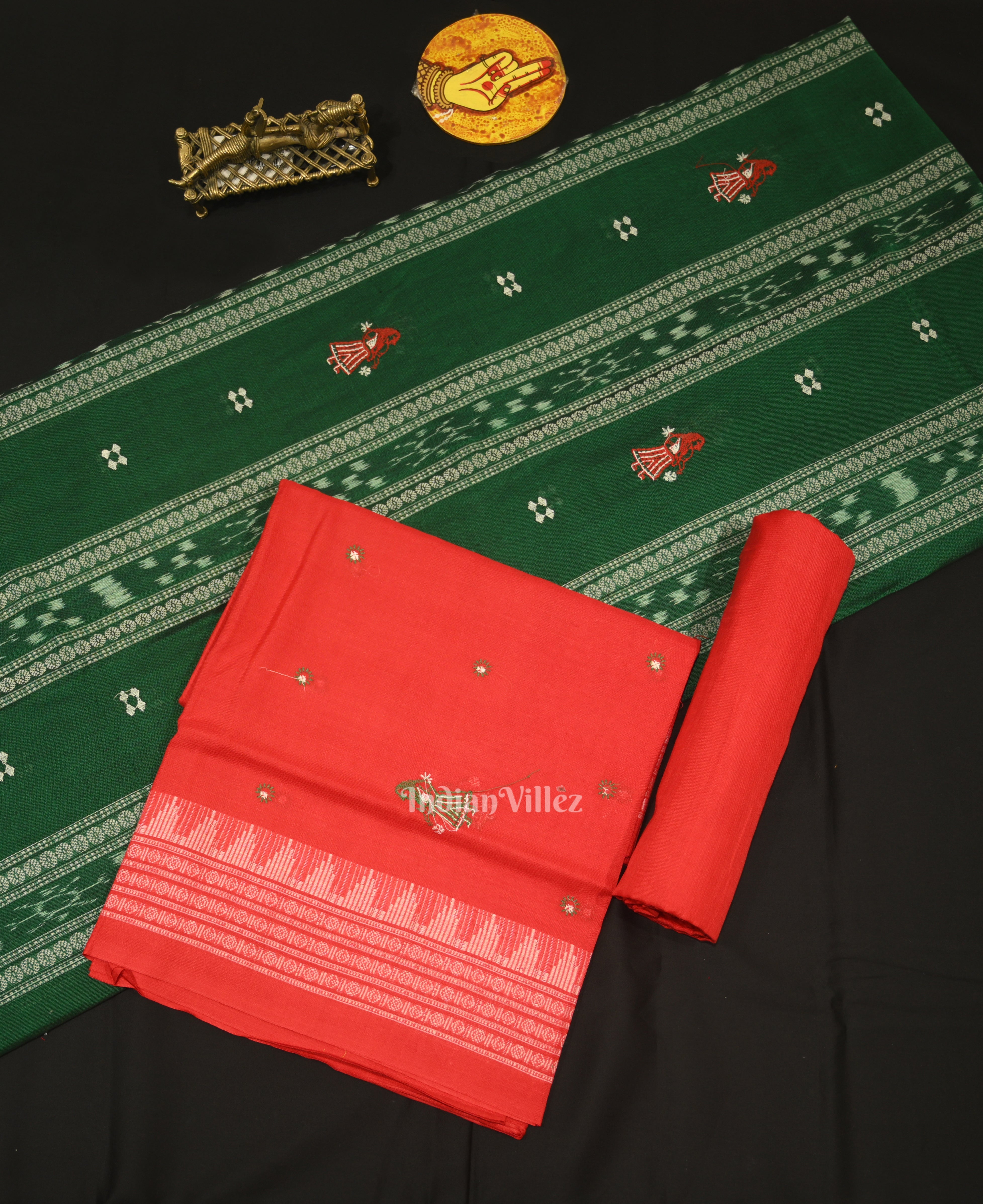 IndianVillèz Green with Red Doll Odisha Ikat Sambalpuri Dress Material & Dupatta