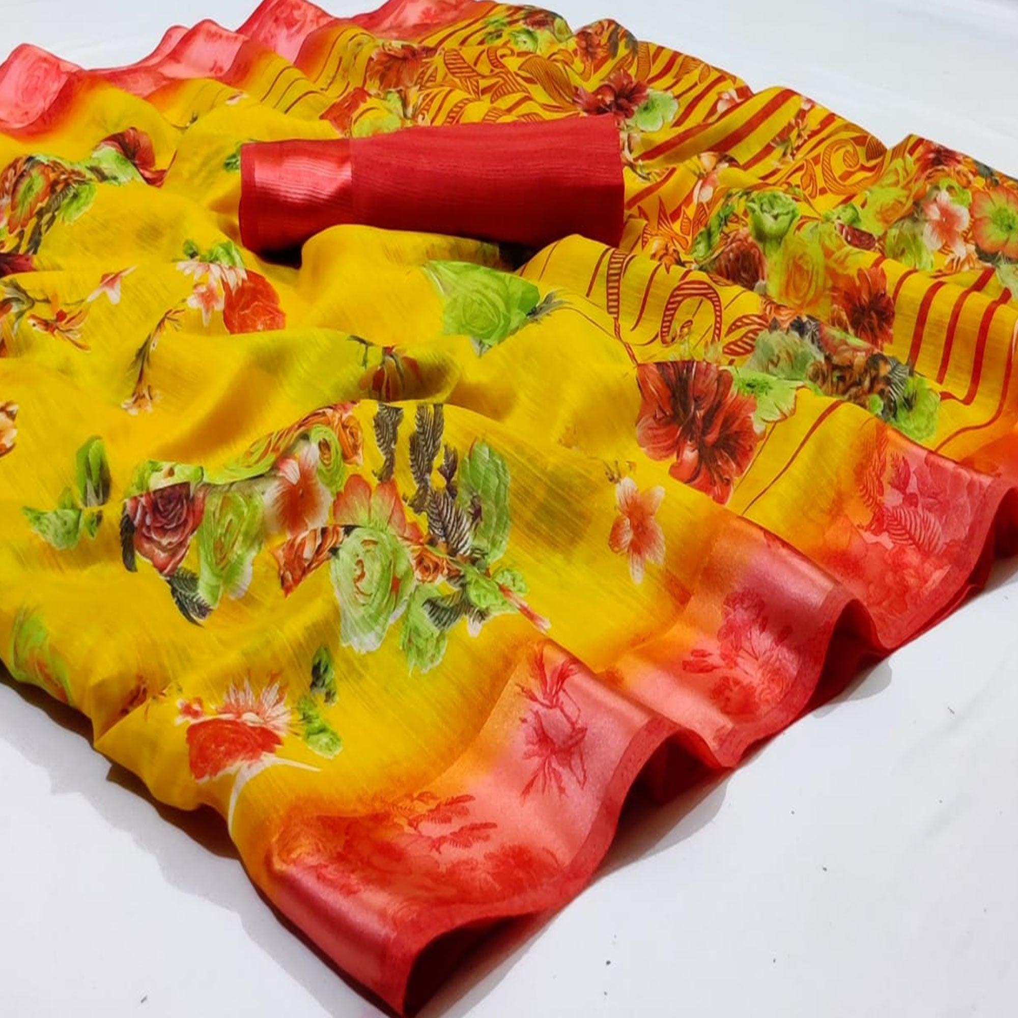 Peachmode Hypnotic Yellow Colored Casual Wear Fancy Printed Linen Saree