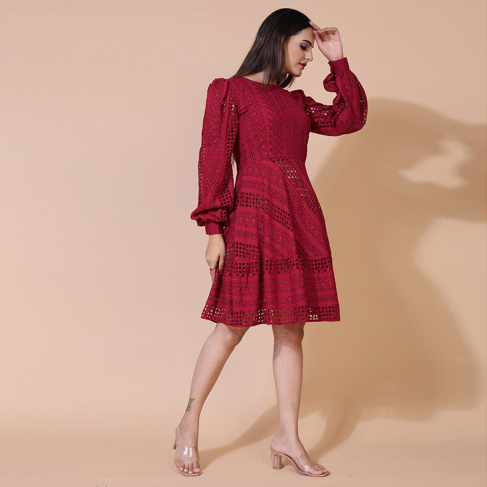 Peachmode Seller Maroon Lucknowi Chikankari Work Rayon Western Dress - view 4