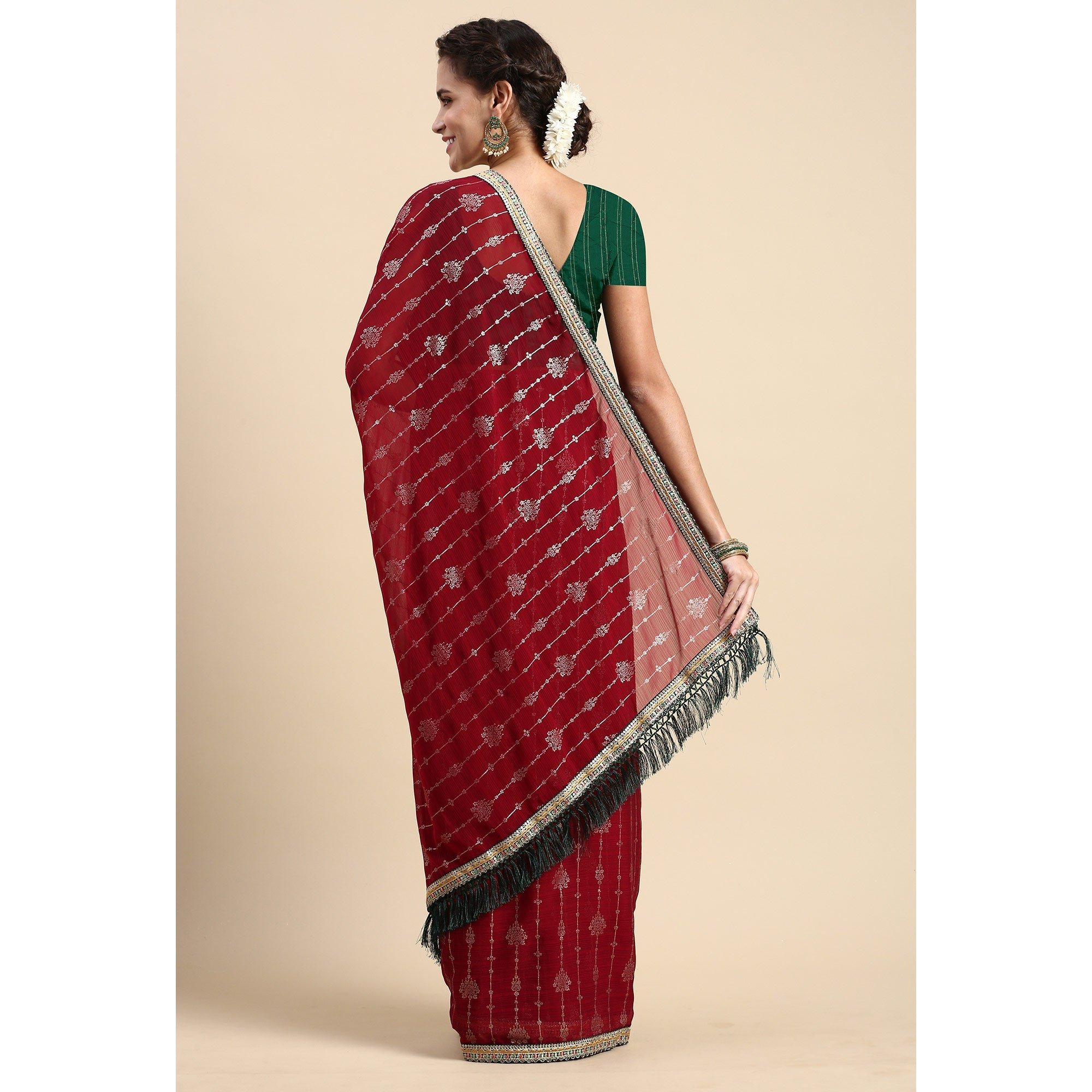 Peachmode Maroon Foil Printed With Fancy Border Zomato Silk Saree - view 4