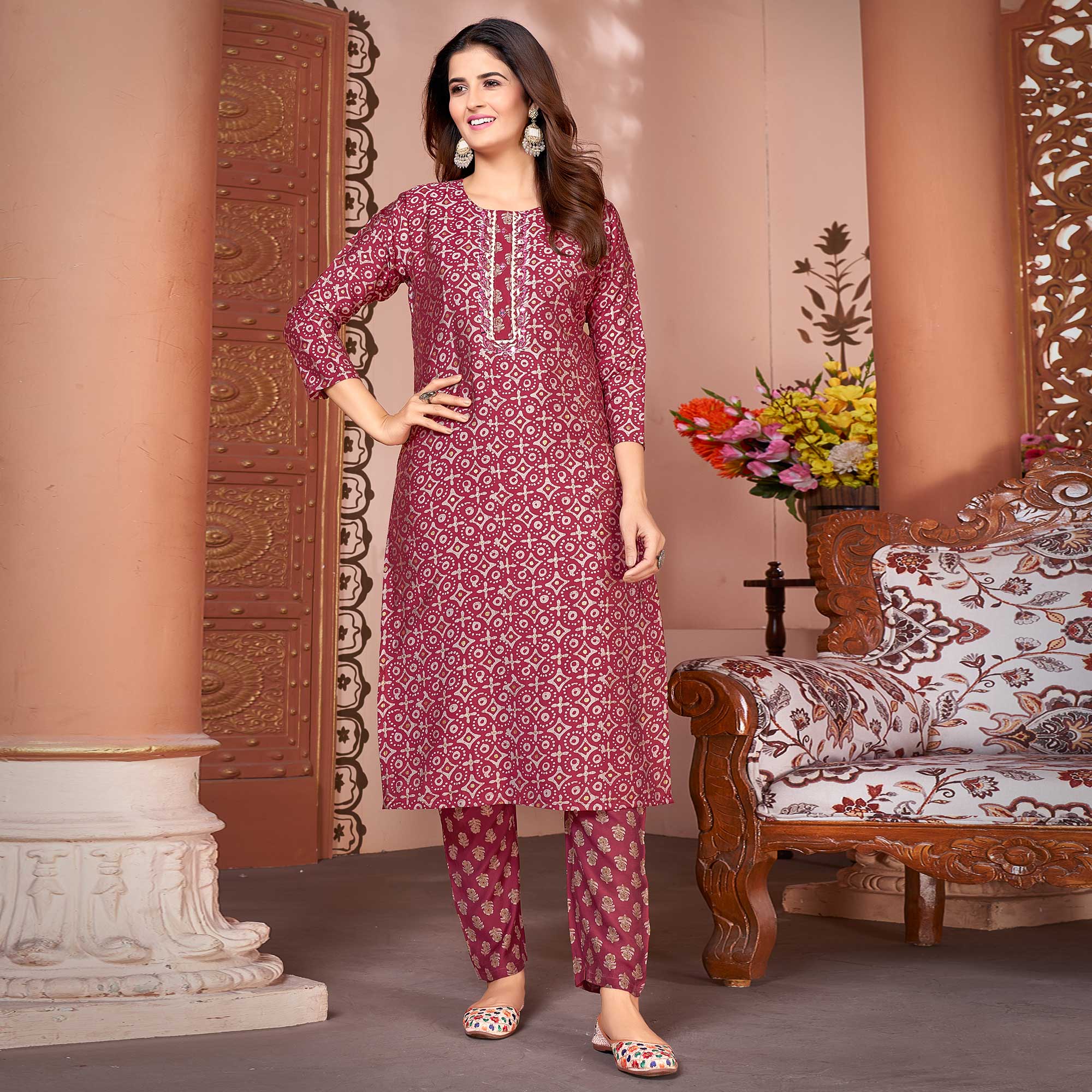 Peachmode Seller Magenta Foil Printed Viscose Straight Kurti Sets - view 2