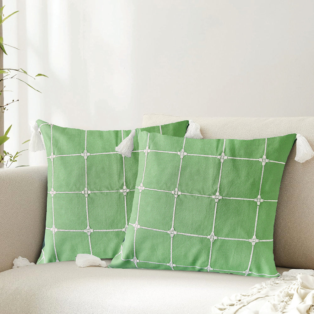 Urban Space Home Furnishing Embroidered Cotton Cushion Cover, for Sofa, Bedroom, Living Room - Set of 2 - Aura Checks Green