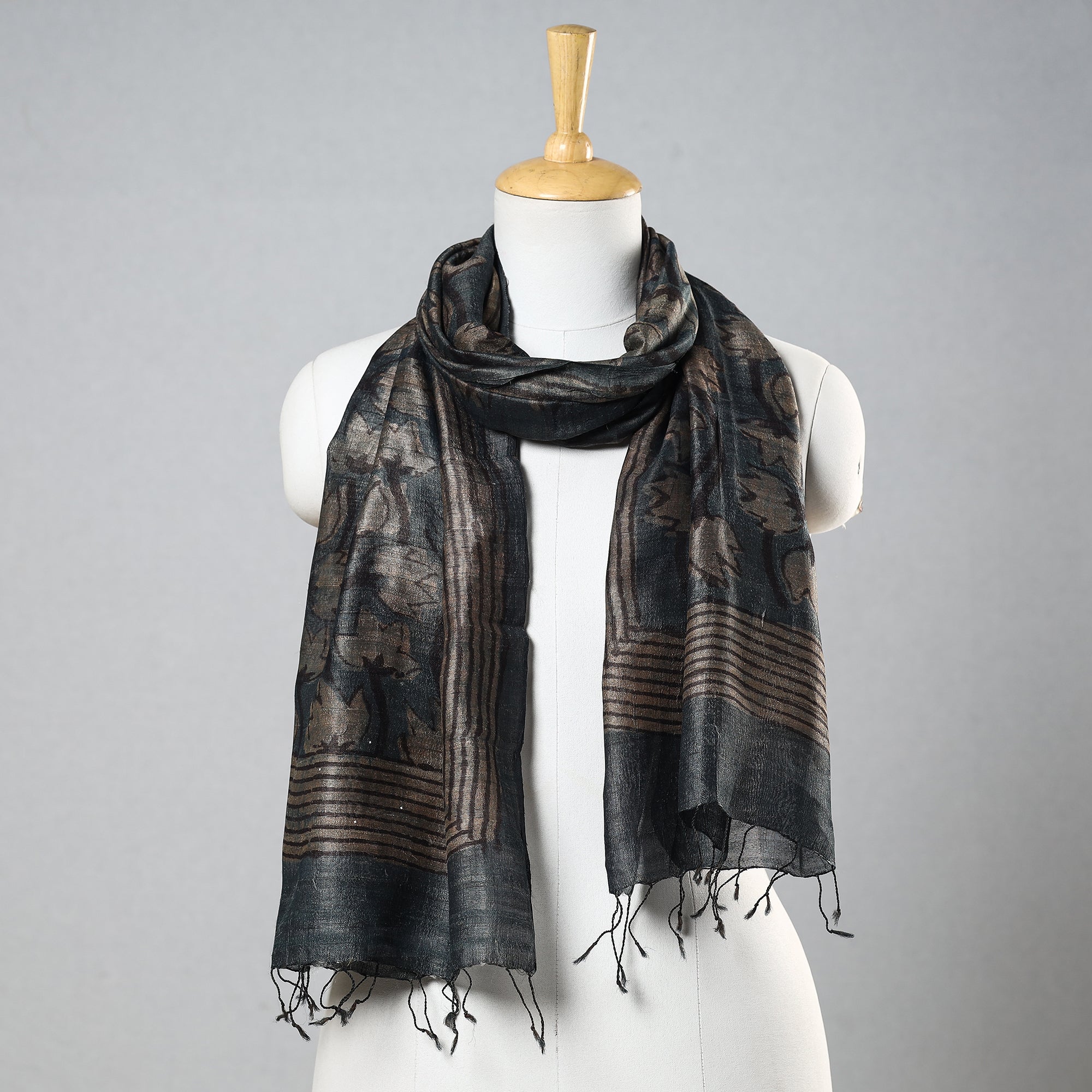 BINDAAS UNLIMITED Black - Handloom Block Print Tussar Silk Bindaas Stole