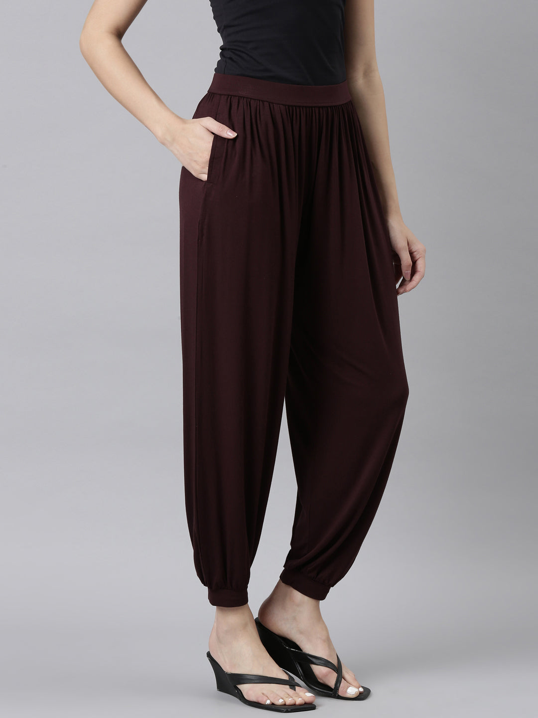 Go Colors Women Solid Dark Wine Harem Pants - view 2