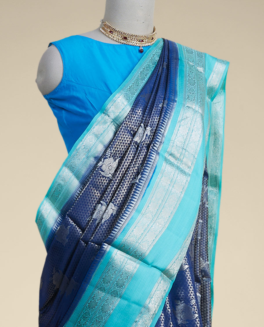 Pothys Blue checked with floral motifs dupion silk saree with traditional zari border