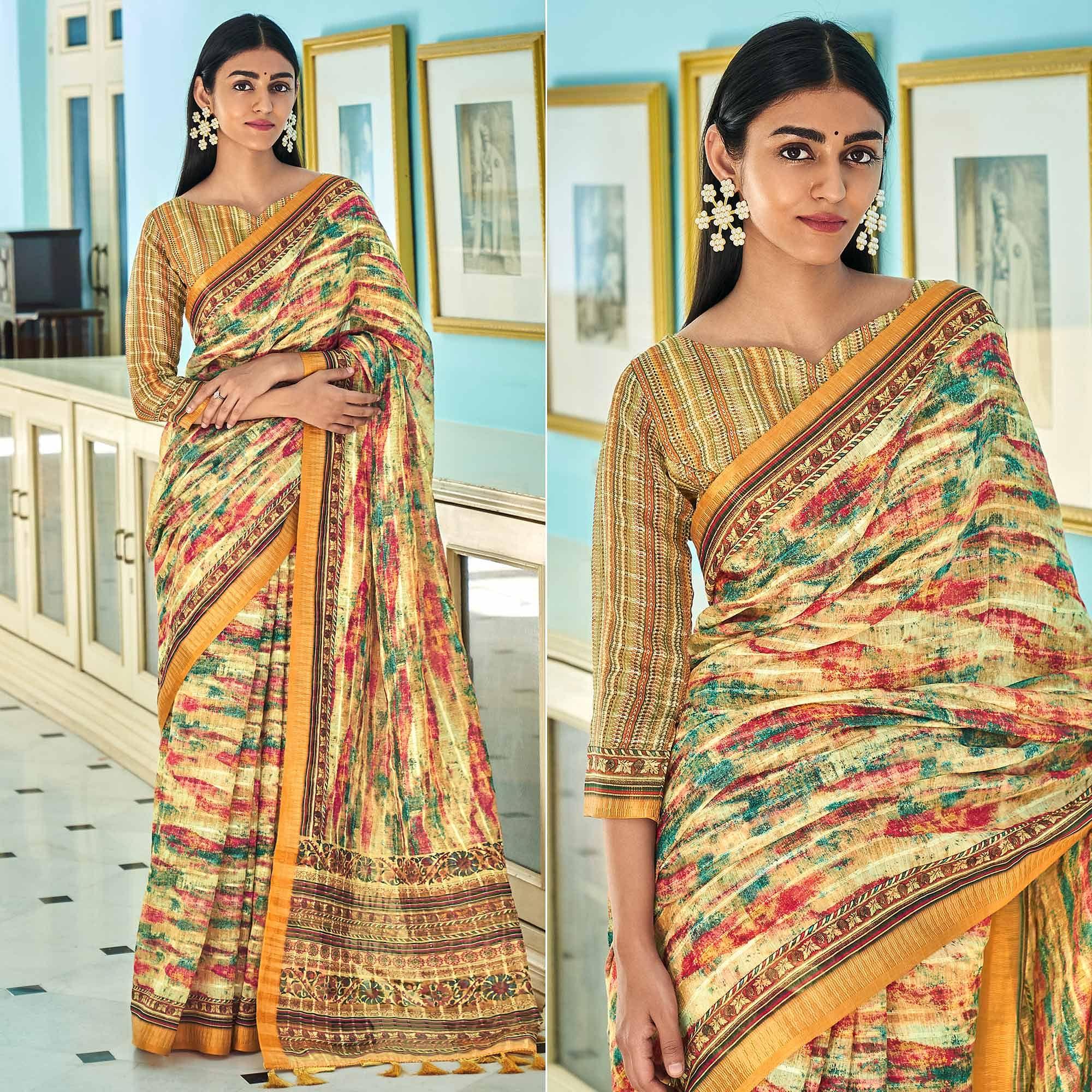 Peachmode Cream Sequins Embroidered Linen Saree