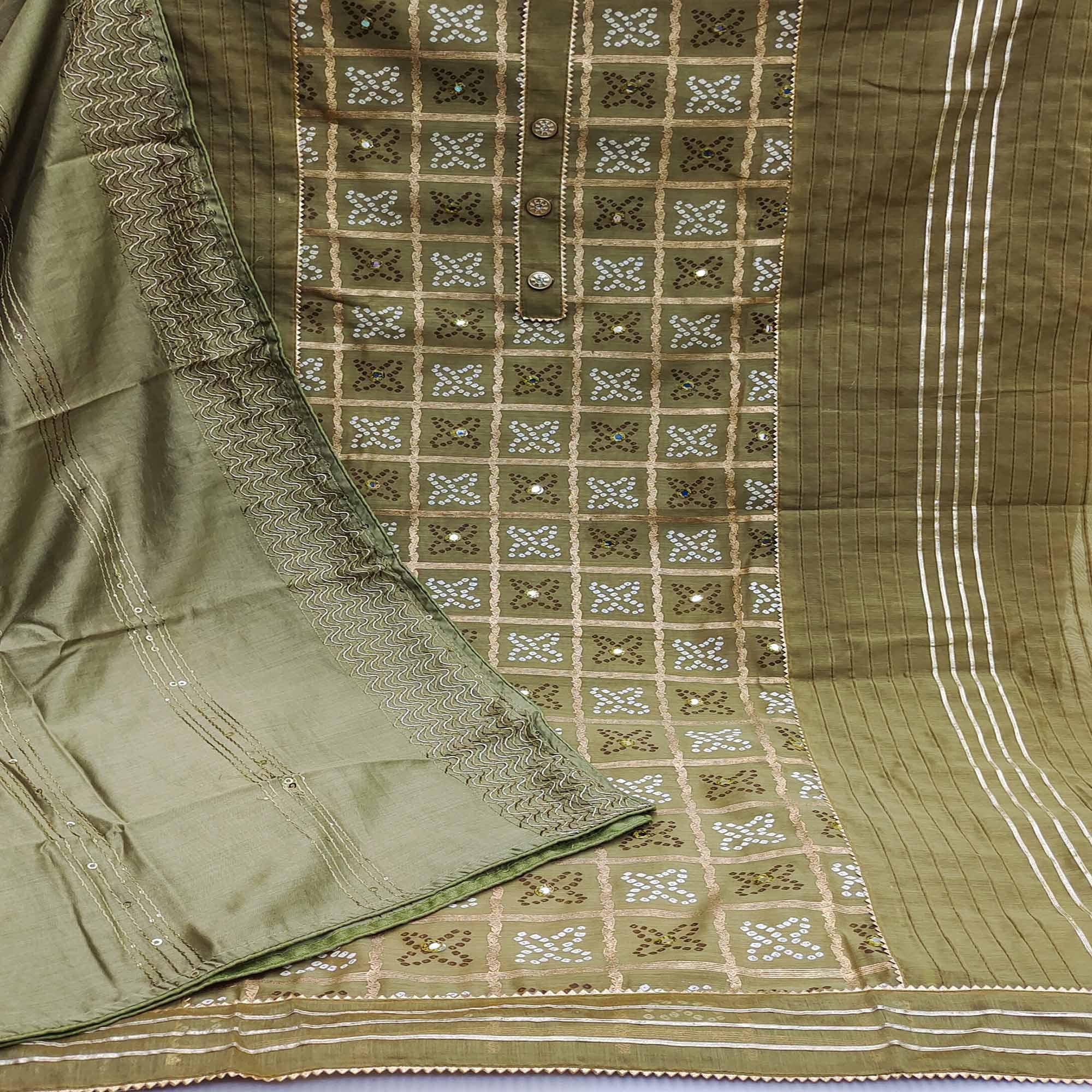 Peachmode Mehendi Green Festive Wear Printed With Handwork Modal Dress Material - view 2