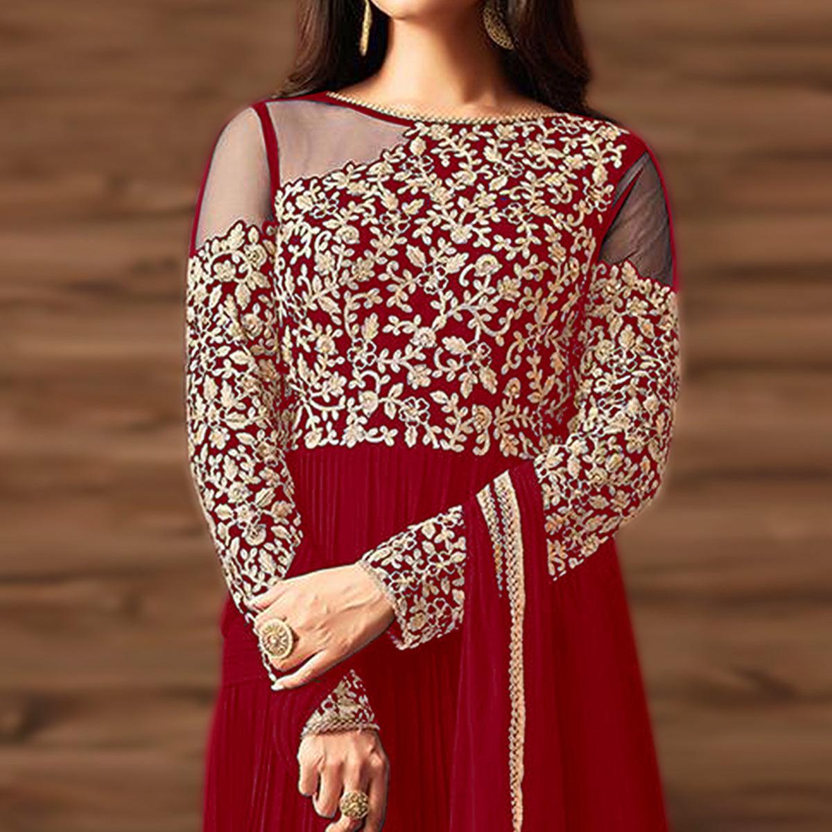 Peachmode Flattering Red Colored Partywear Embroidered Georgette Anarkali Suit - view 2