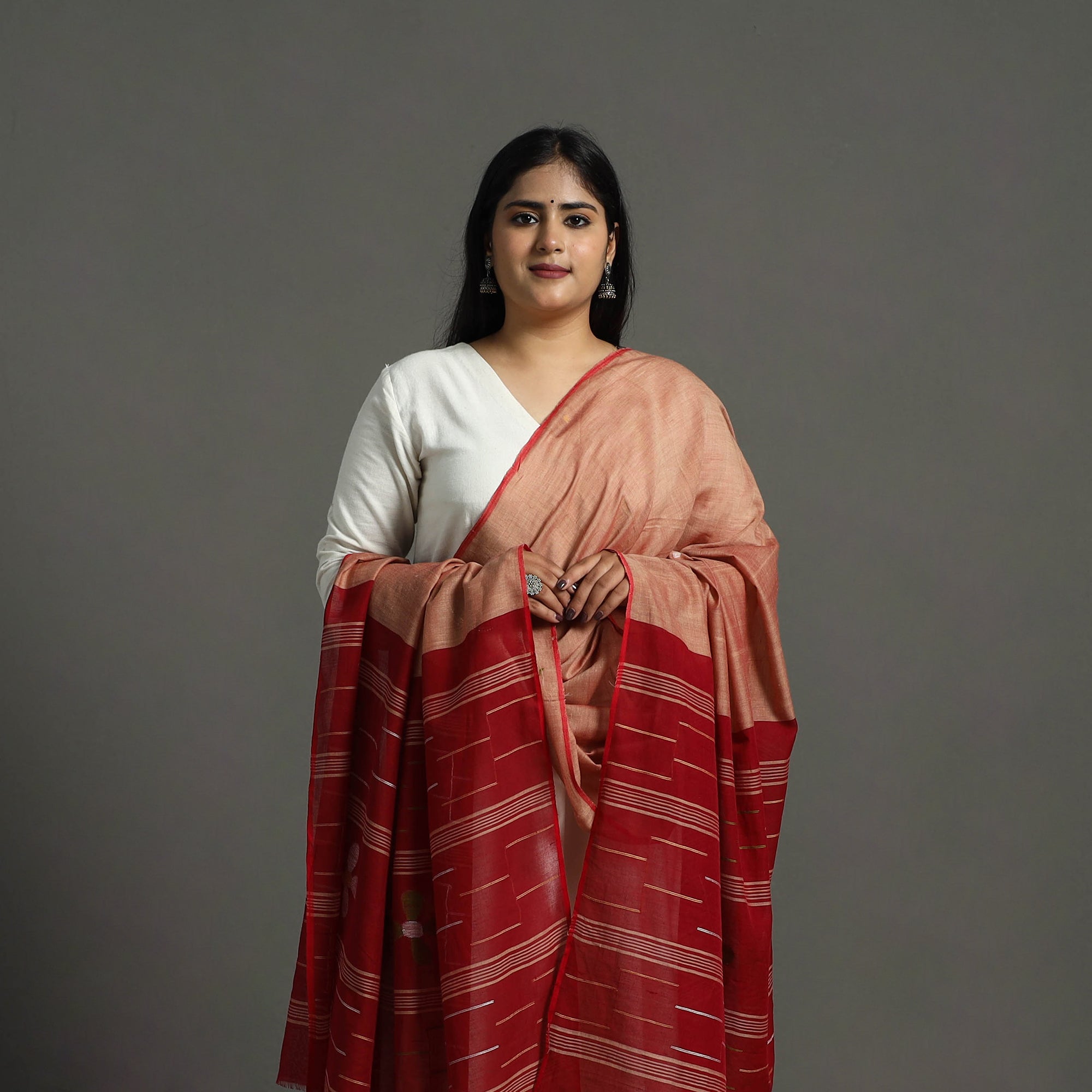 ITOKRI CRAFTS INITIATIVE Brown - Handspun Handloom Cotton Jamdani Dupatta 33 - view 3
