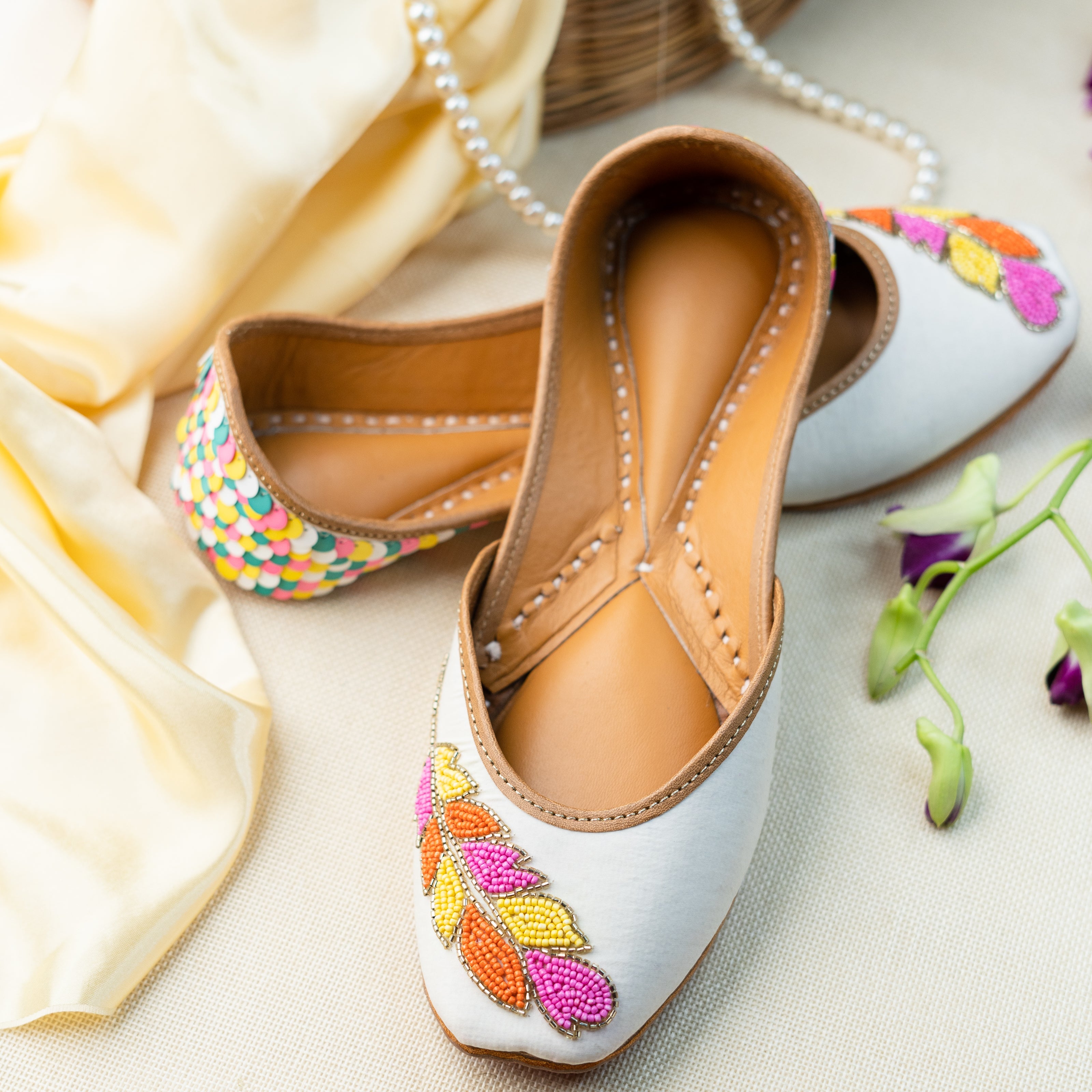 BlackTree White Sequins and Beaded Leaf Jutti