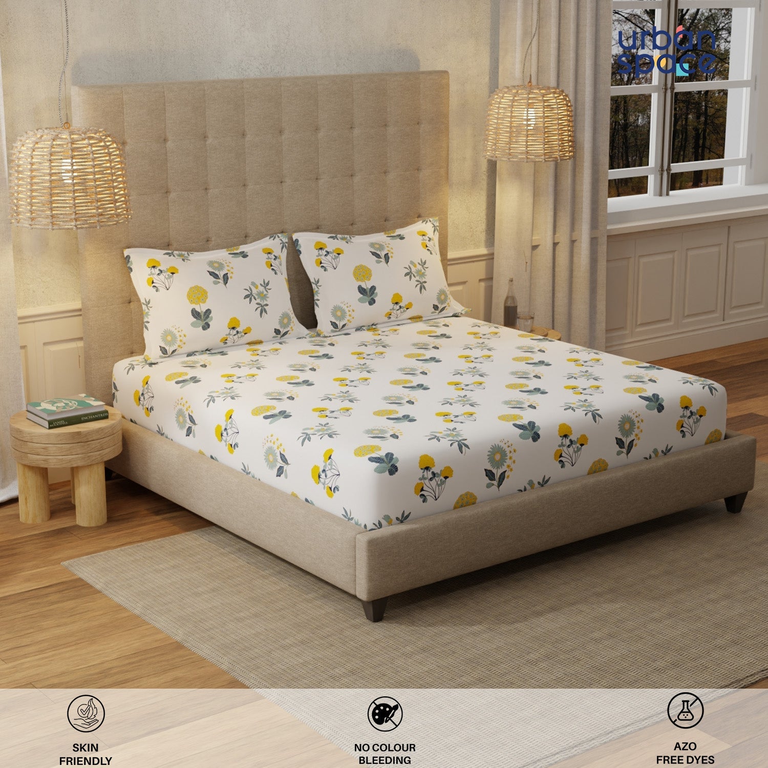 Urban Space -Home Furnishing Store Serene 200 TC 100% Cotton Single Bedsheet with Pillow Covers - Radiance White - view 3