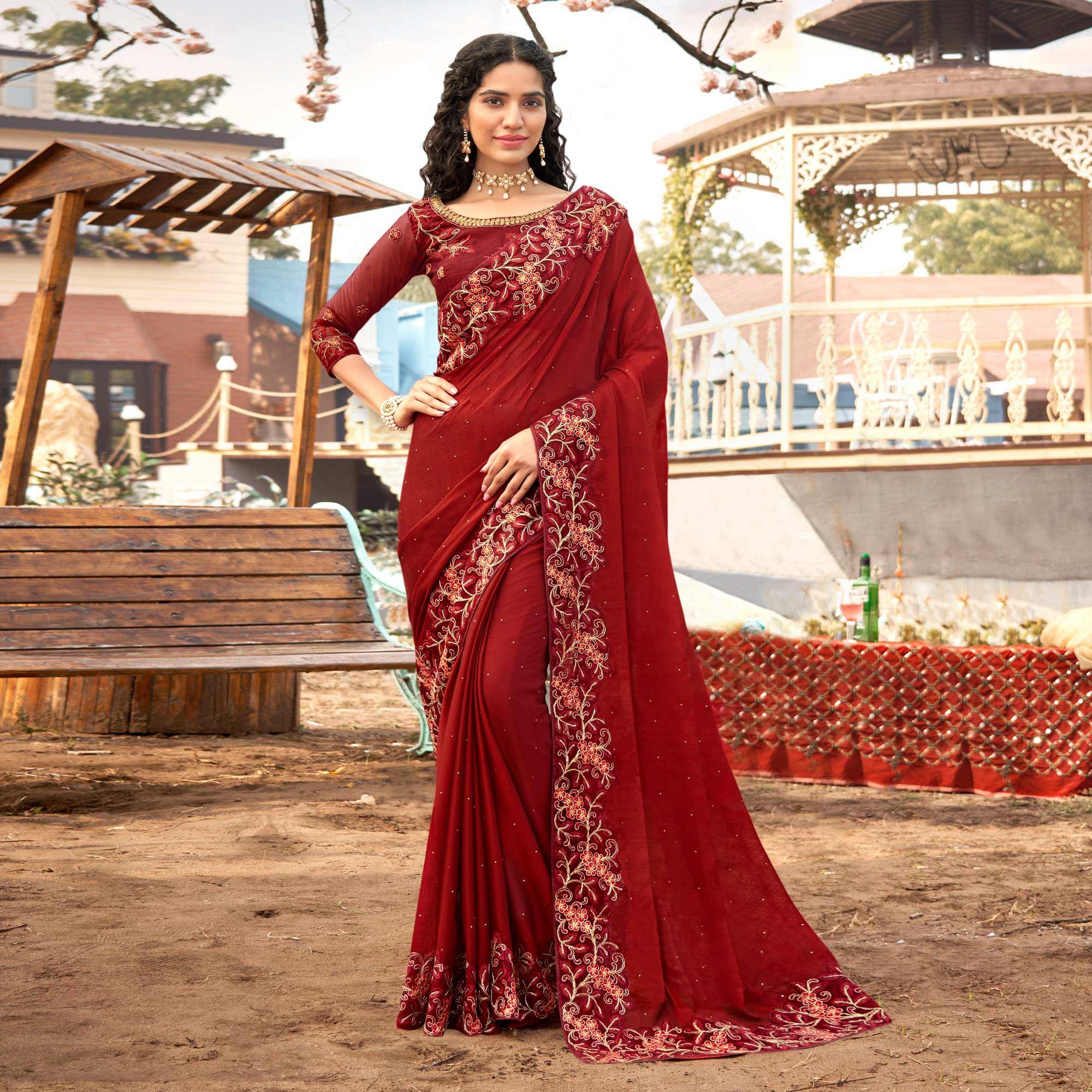 Peachmode Maroon Embellished With Embroidered Chiffon Saree