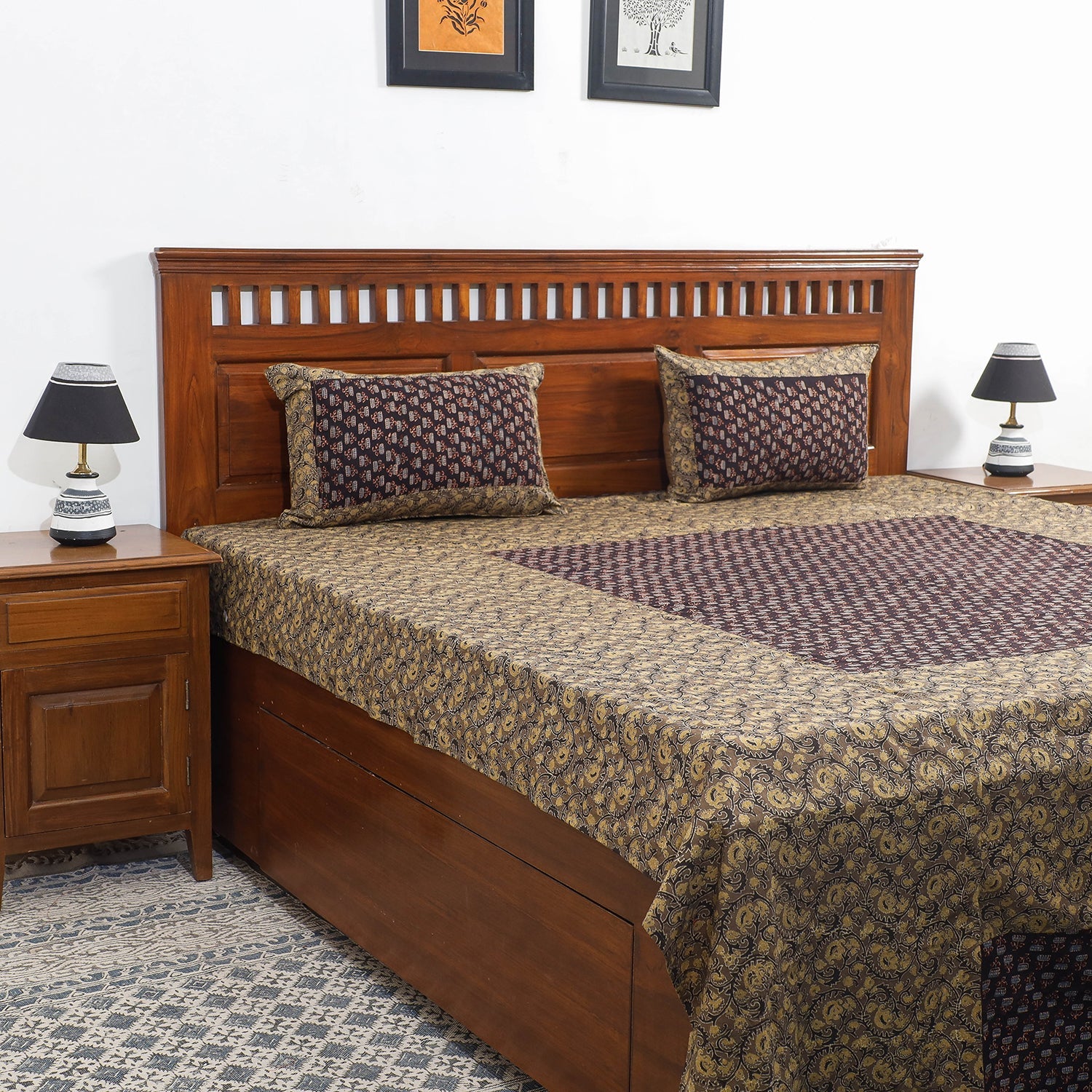 HAVELI CHRONICLES Brown - Ajrakh Patch Tukdi Kaam Cotton Double Bed Cover with Pillow Covers (109 x 86 in)