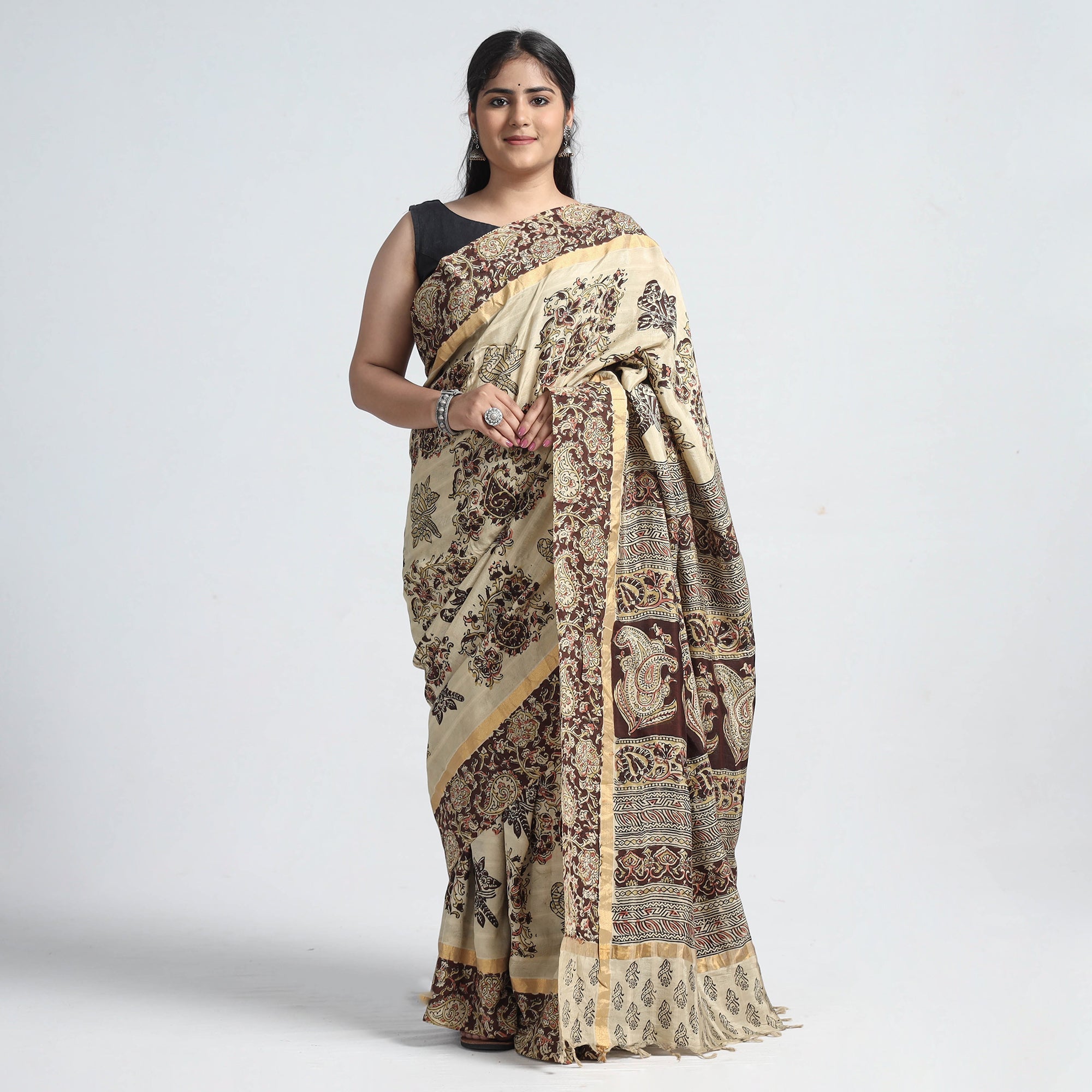 SOUTH KARGHA Beige - Kalamkari Printed Silk Cotton Saree with Zari Border
