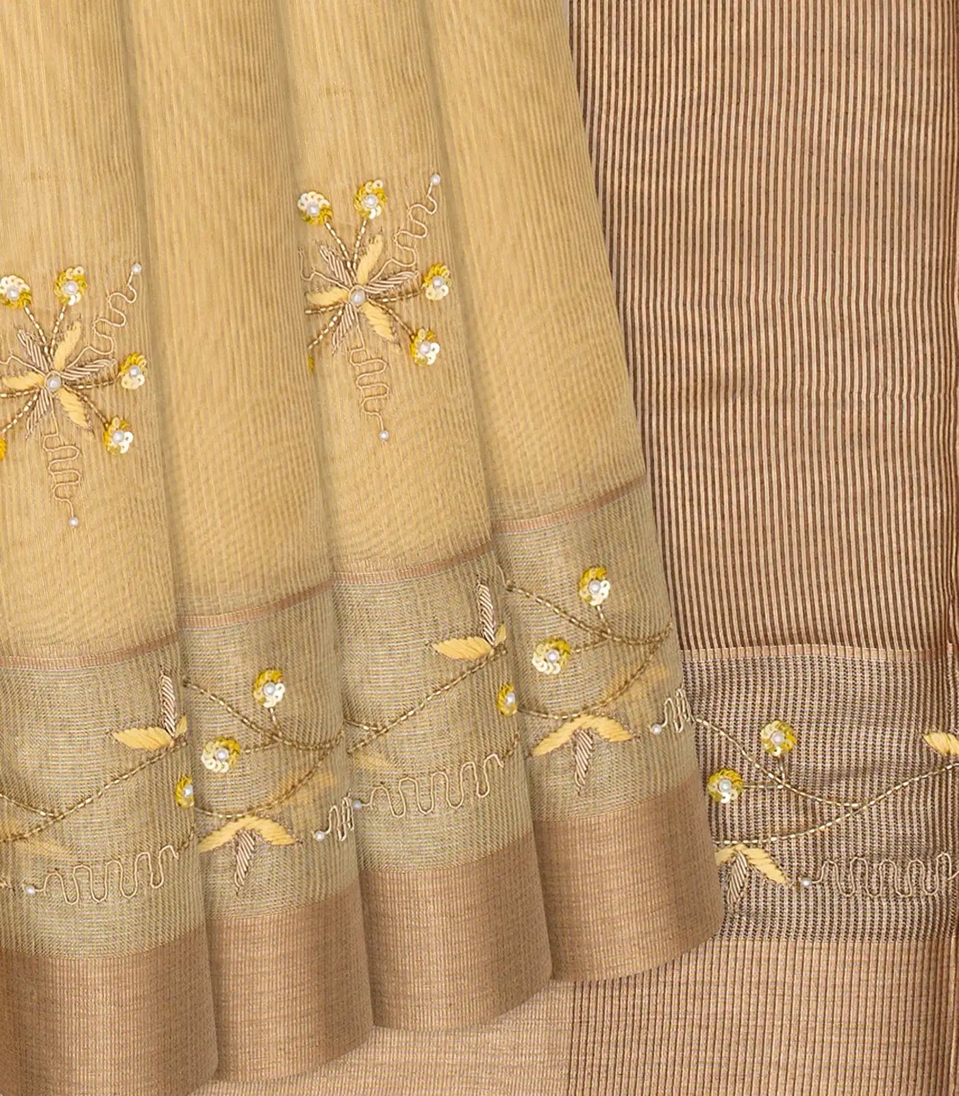 RmKV Sandal Woven Tissue Saree With Embroidered Floral Motifs-Sandal