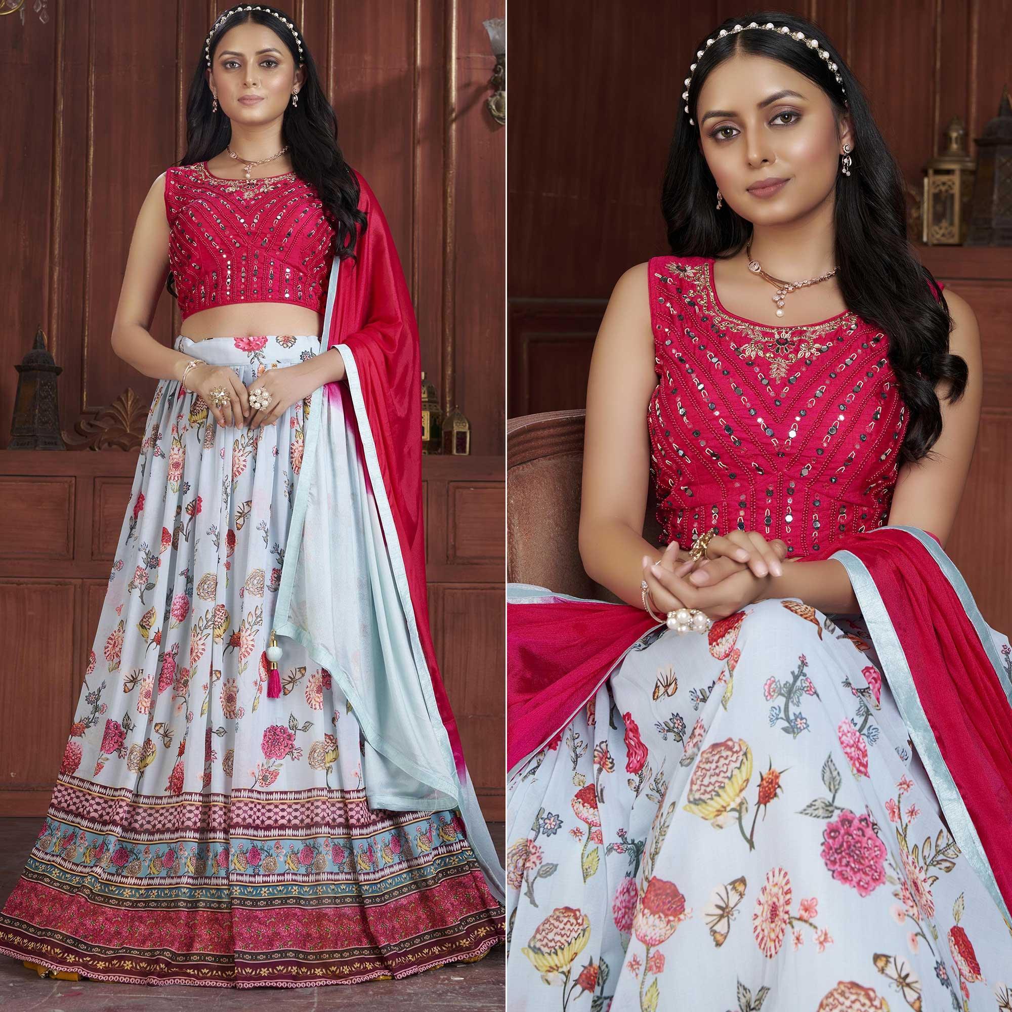 Peachmode Light Blue Printed Georgette Lehenga Choli