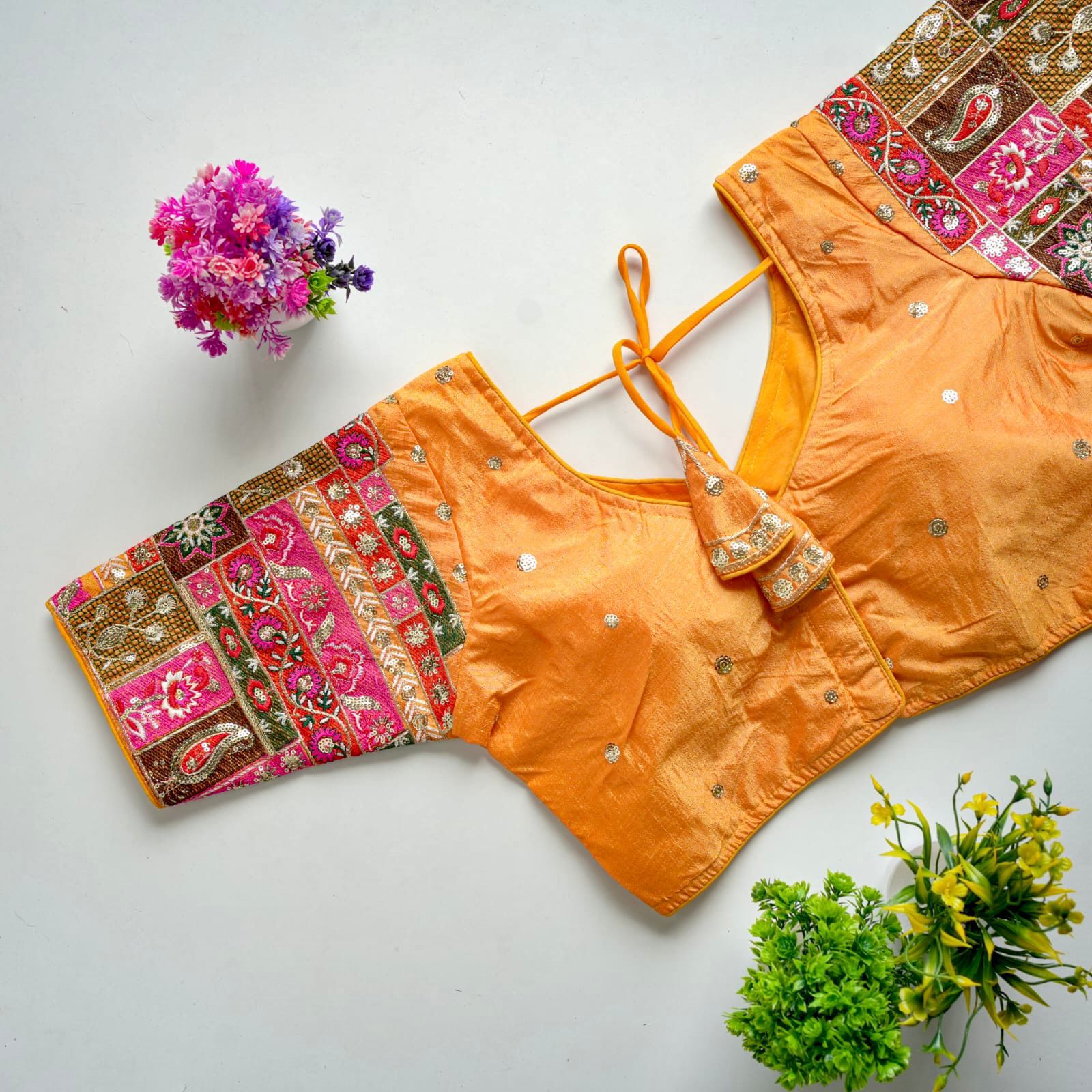 ClothsVilla Orange Golden Embroidered Seoul Silk Blouse with Sequins - view 2