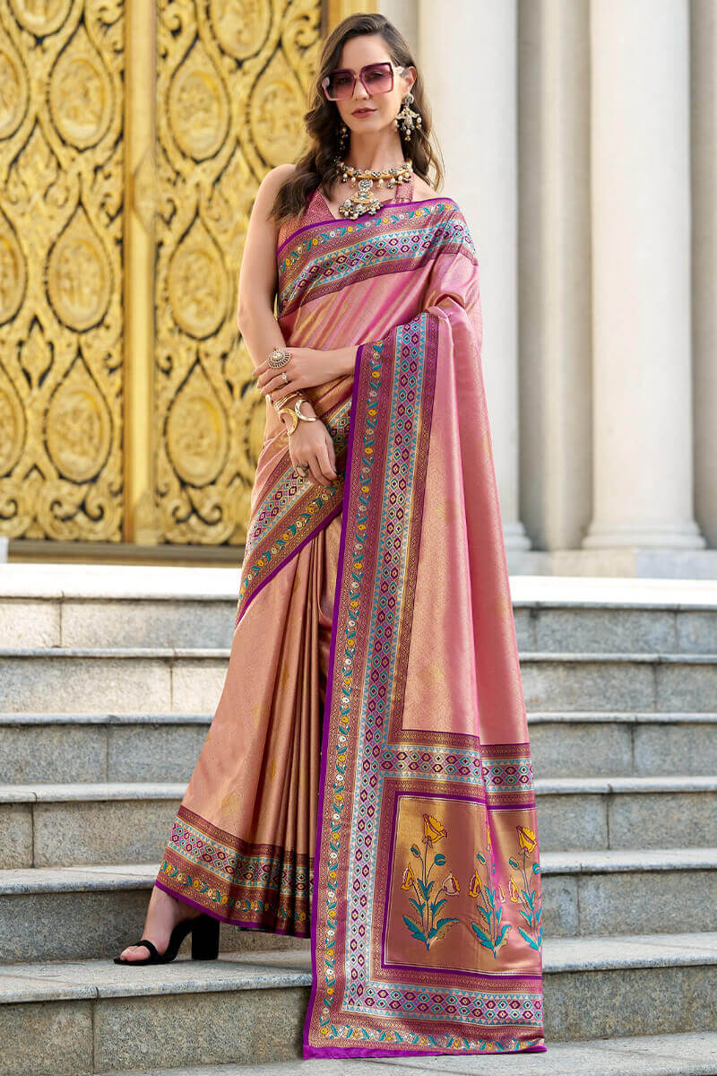 Rajpath Desiring Pink Paithani Silk Saree With Lustrous Blouse Piece