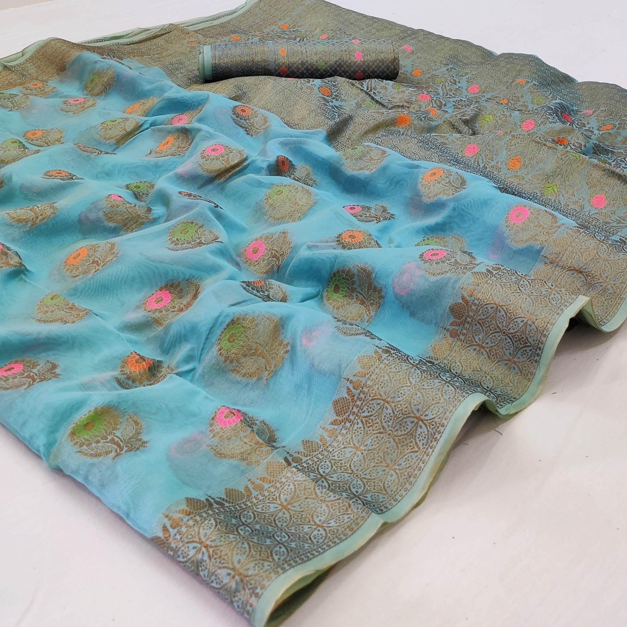 Peachmode Blue Woven Organza Saree – Women's